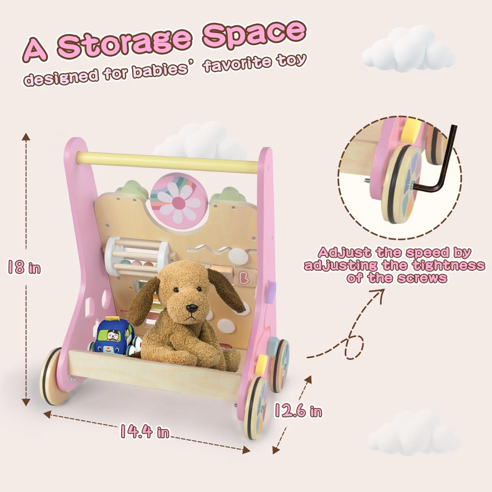 LOL-FUN Rose Trotteurs en Bois 10 en 1 Centre d'Activité Éducatif pour Enfant 1 An Cadeau Jouet d'Apprentissage Bébé 12 mois+