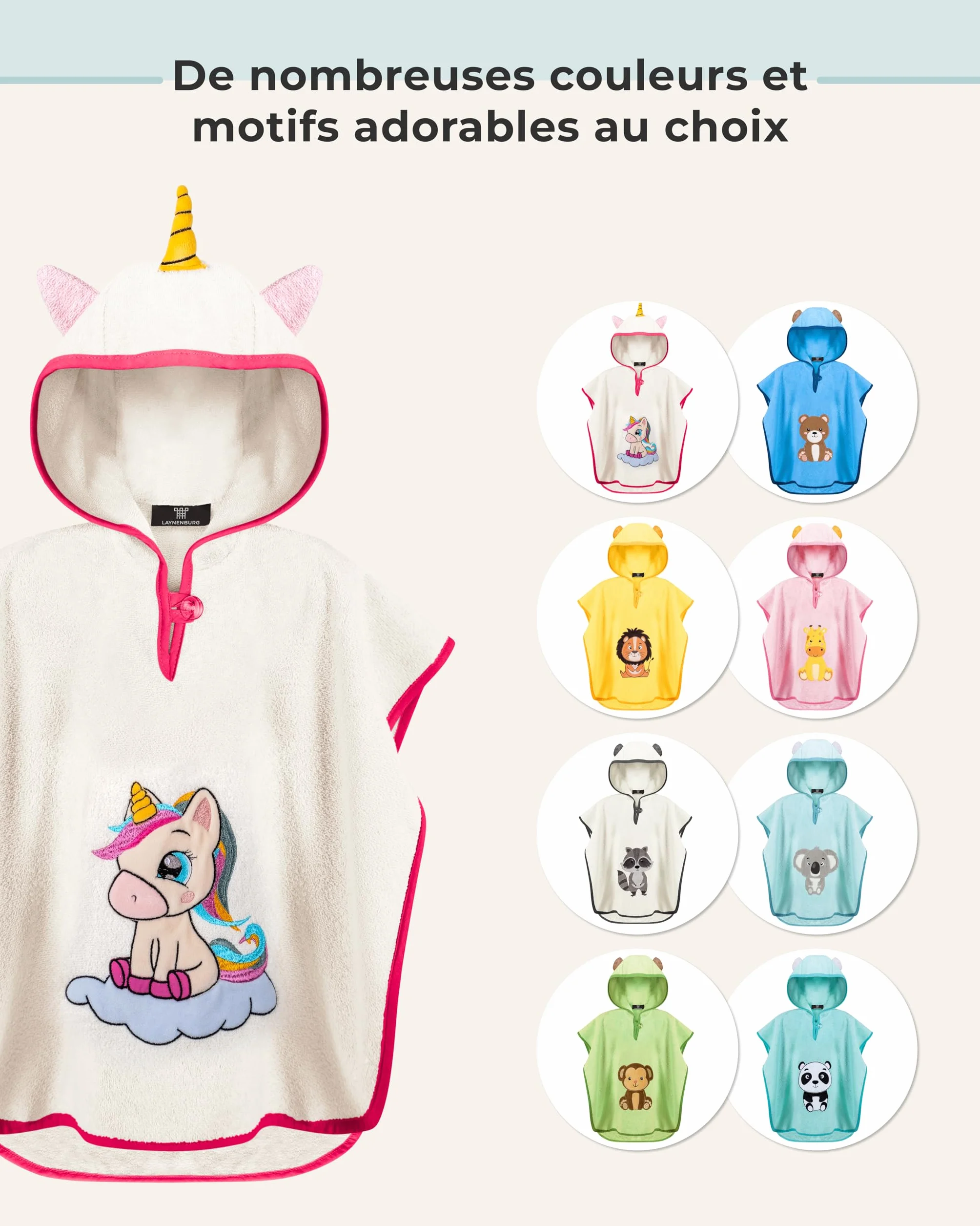 Poncho de bain enfants 100% coton OEKO-TEX LAYNENBURG avec capuche bébé garçon fille serviette éponge