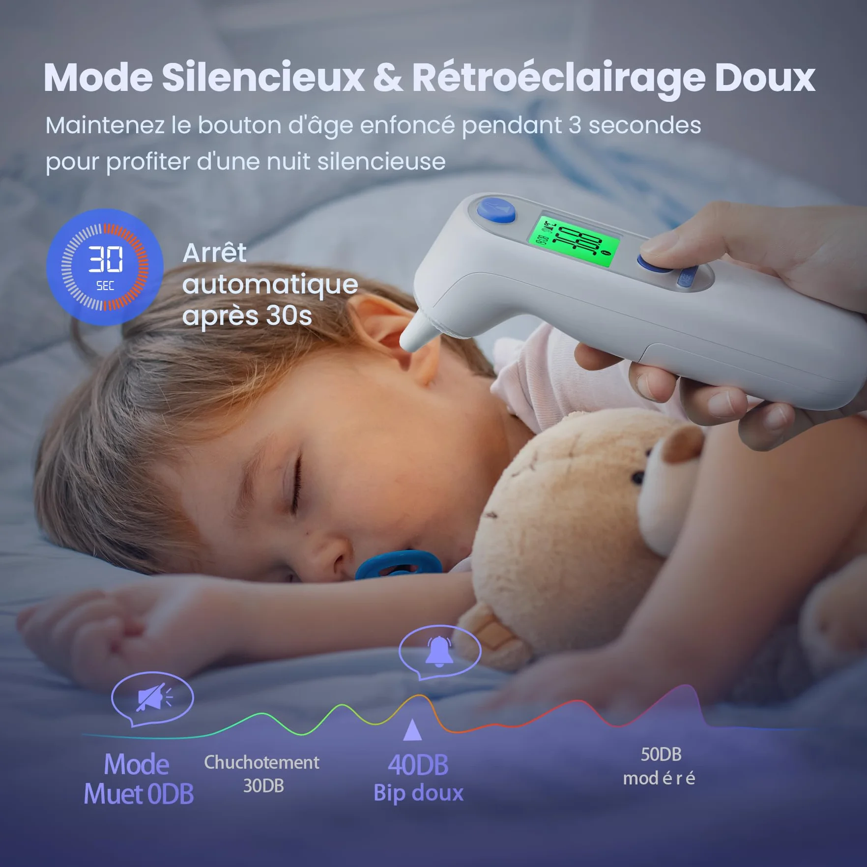 Thermomètre Auriculaire Haute Précision pour bébé, Mesure rapide 1 seconde, Indicateur sonore fièvre, 21 Embouts, Blanc