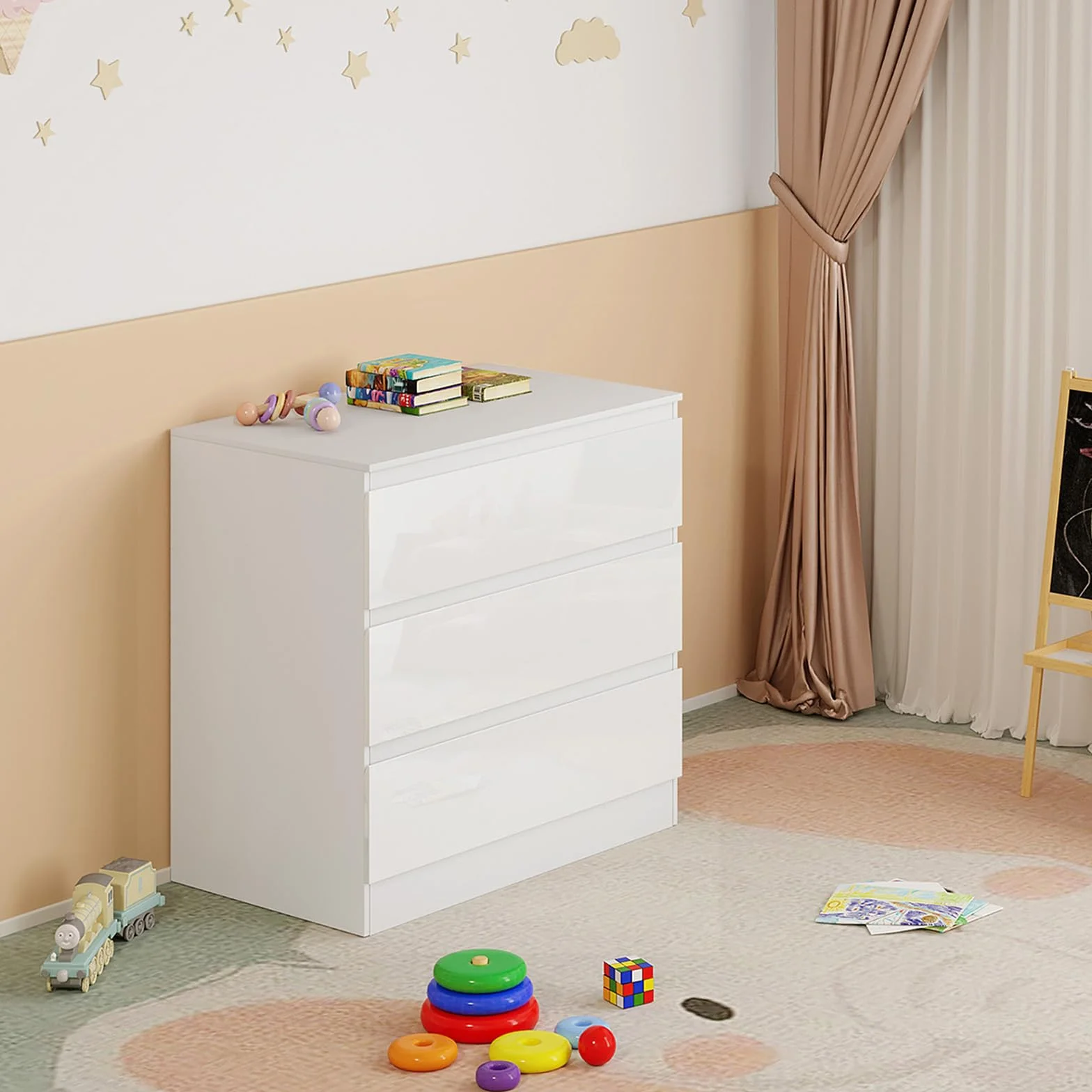 WOLTU Table à Langer Commode 3 Tiroirs Meuble Bébé Bois d'Ingénierie Blanc Brillant 40x80x78cm