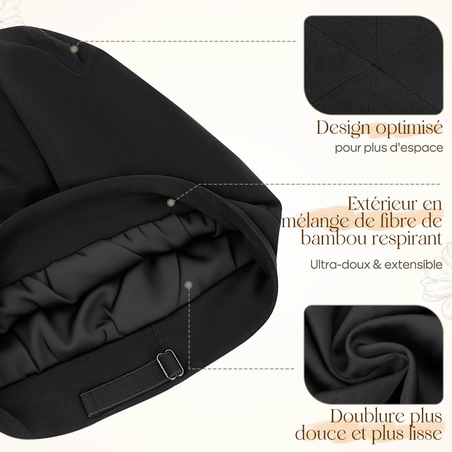 Bonnet Satin Cheveux Nuit Bambou Unisexe Ajustable Doublure Satin Chapeau Sommeil Chimio Soie Femme Homme