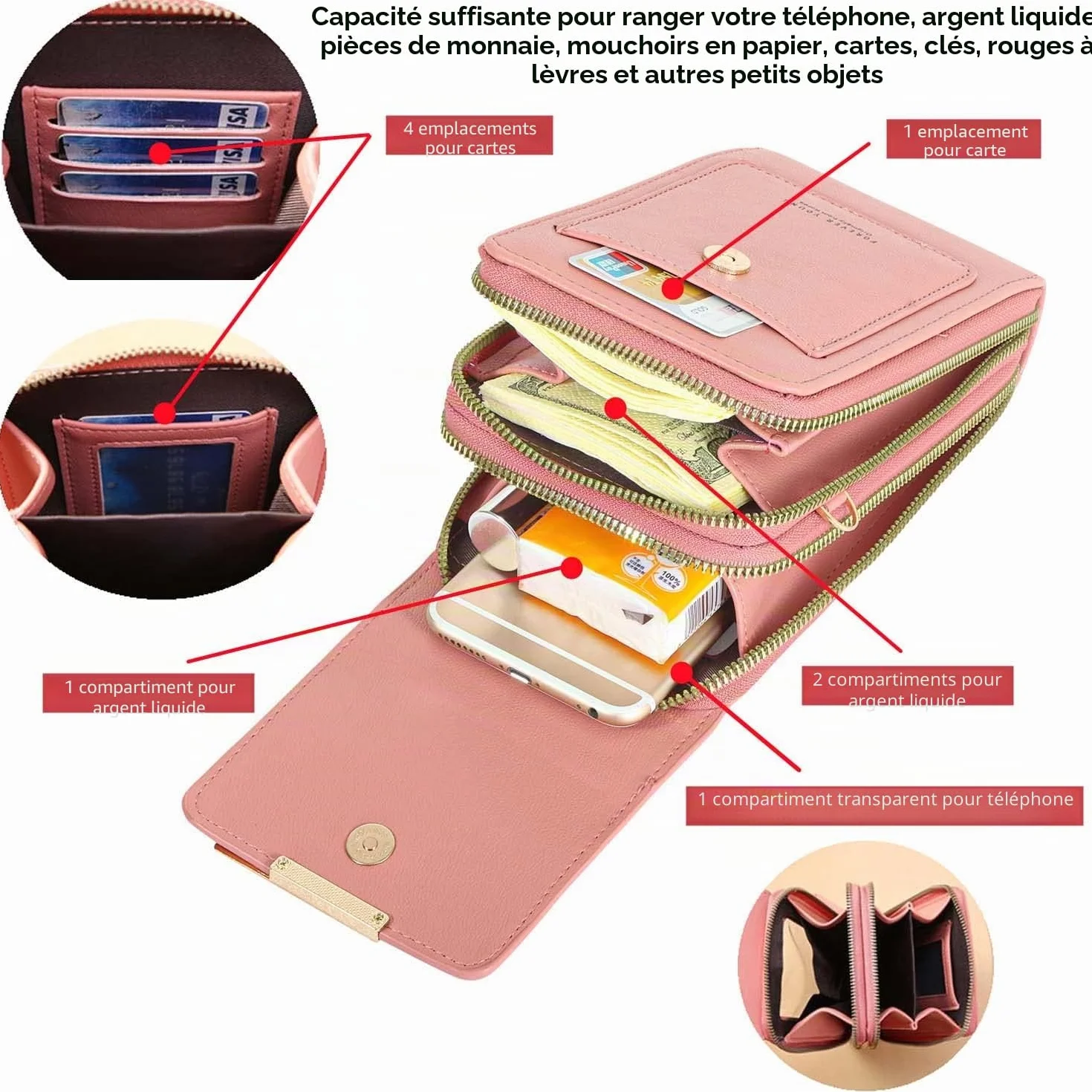 Petit Sac Bandoulière Téléphone Portable Femme Cuir PU Porte Carte Porte Monnaie Mini Étui Pochette