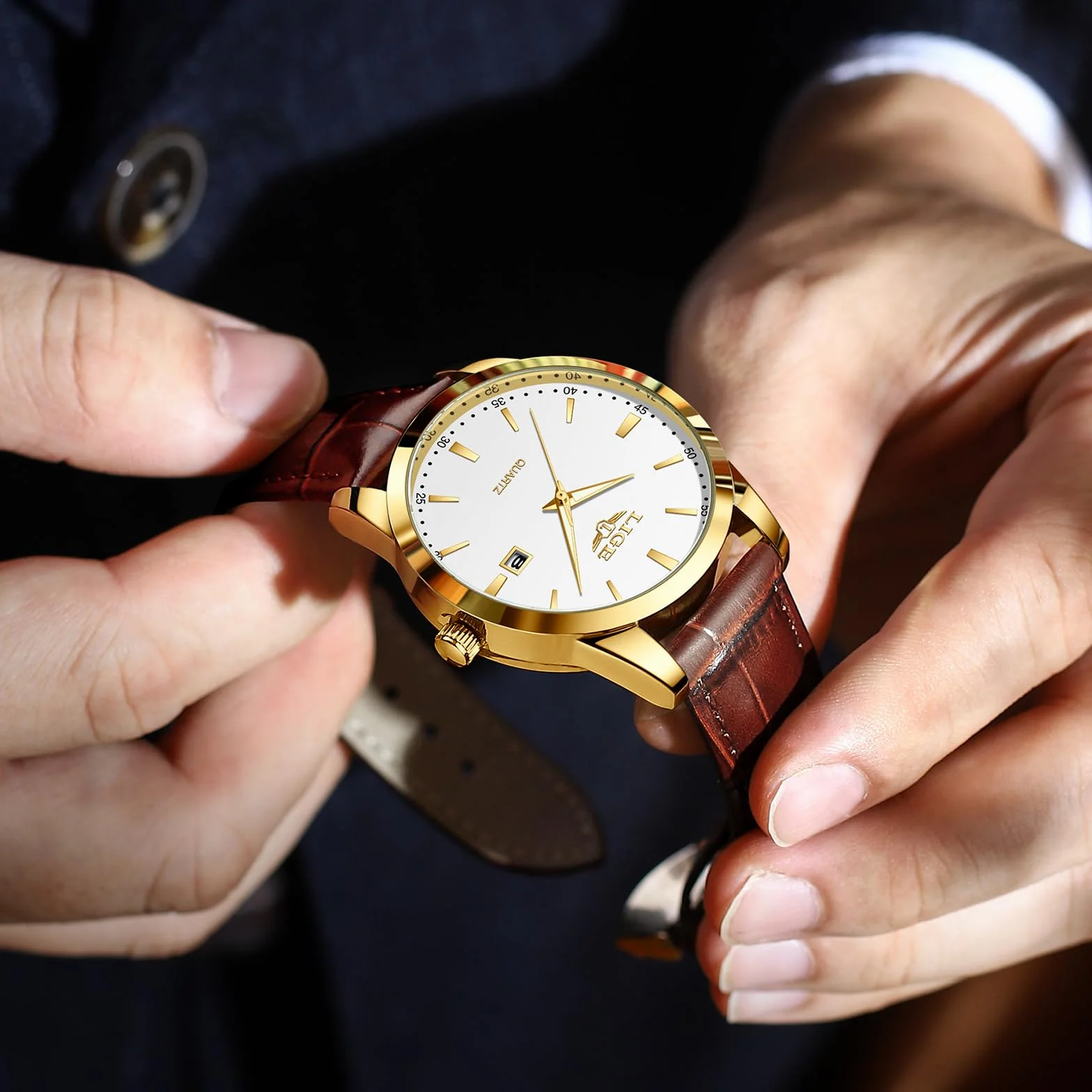 LIGE Montre Hommes Date Étanche Quartz Cuir Jaune-Brun