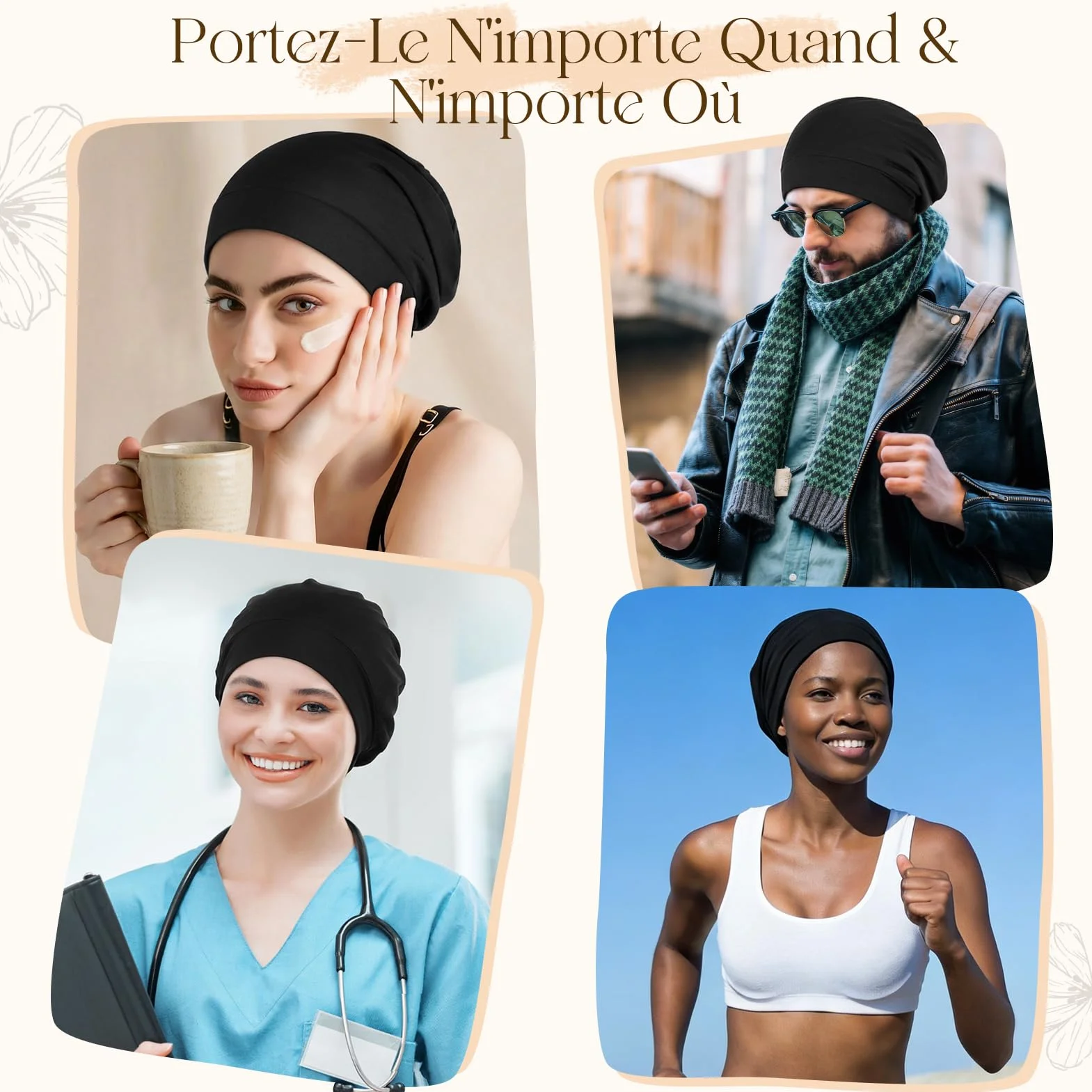 Bonnet Satin Cheveux Nuit Bambou Unisexe Ajustable Doublure Satin Chapeau Sommeil Chimio Soie Femme Homme