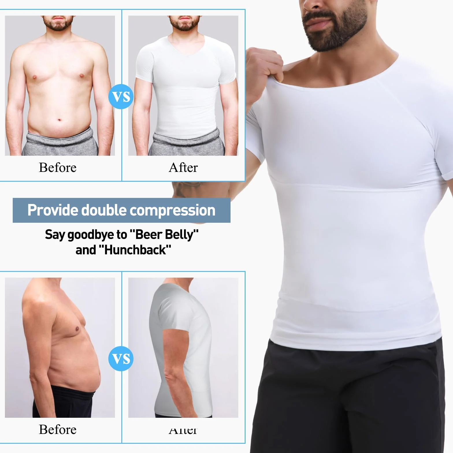 SLIMBELLE Chemise de compression homme Col en V Élastique Taille amincissante Contrôle du ventre