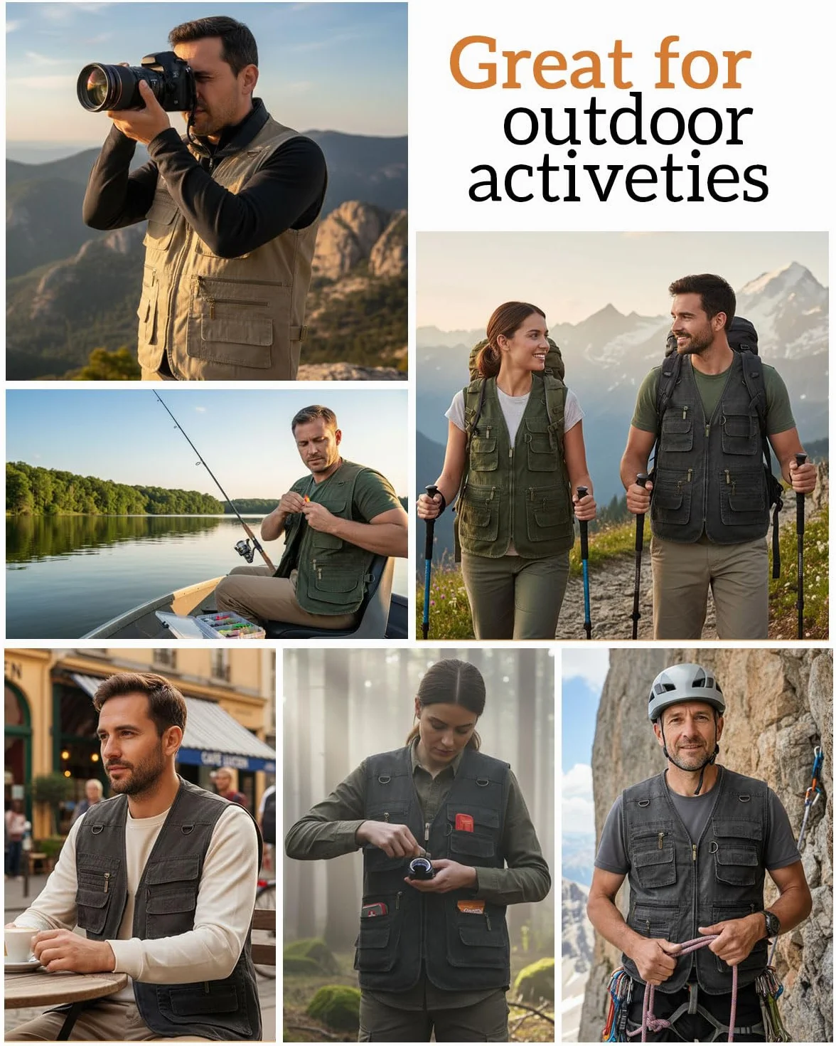 Gilet de Pêche Multi-Poches Veste sans Manches pour Photographe Chasse Plein Air