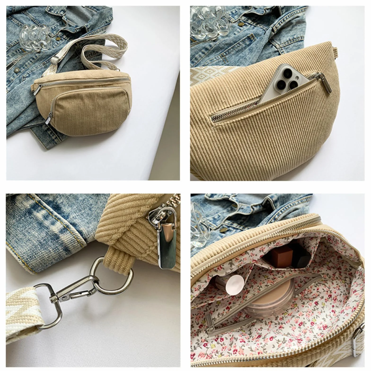 Sac banane femme en velours côtelé grande capacité voyage promener chien