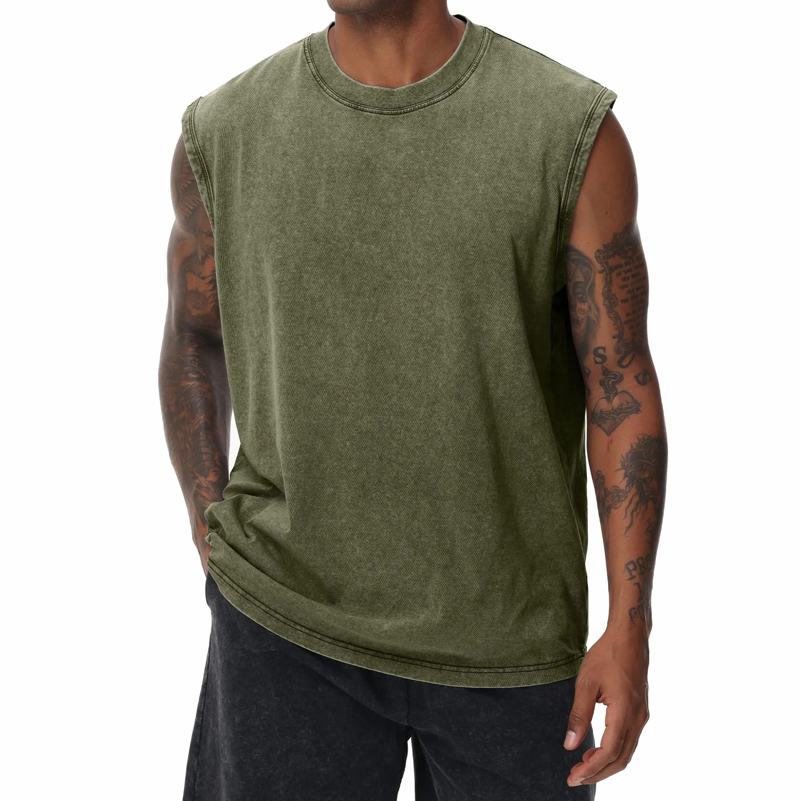 T-shirt sans manches homme coton délavé fitness gym été
