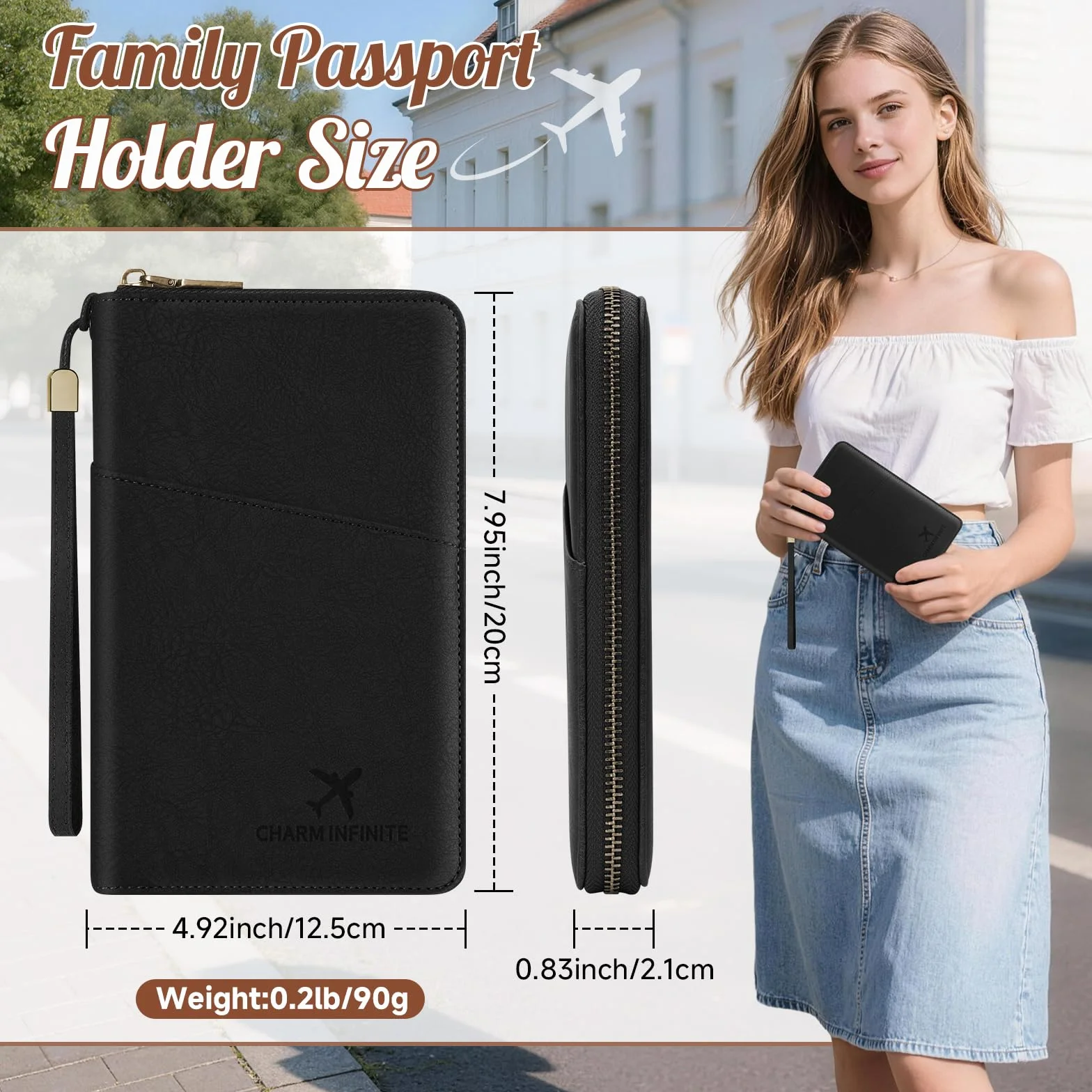 Likesing Porte-passeport familial cuir RFID fermeture éclair organiseur voyage dragonne Noir