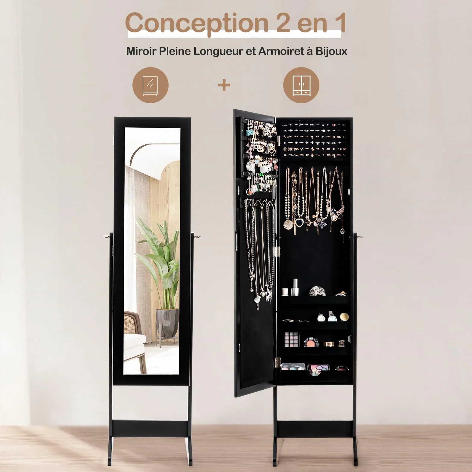GOPLUS Armoire à Bijoux sur Pied avec Miroir Inclinable, Grand Rangement, Noir