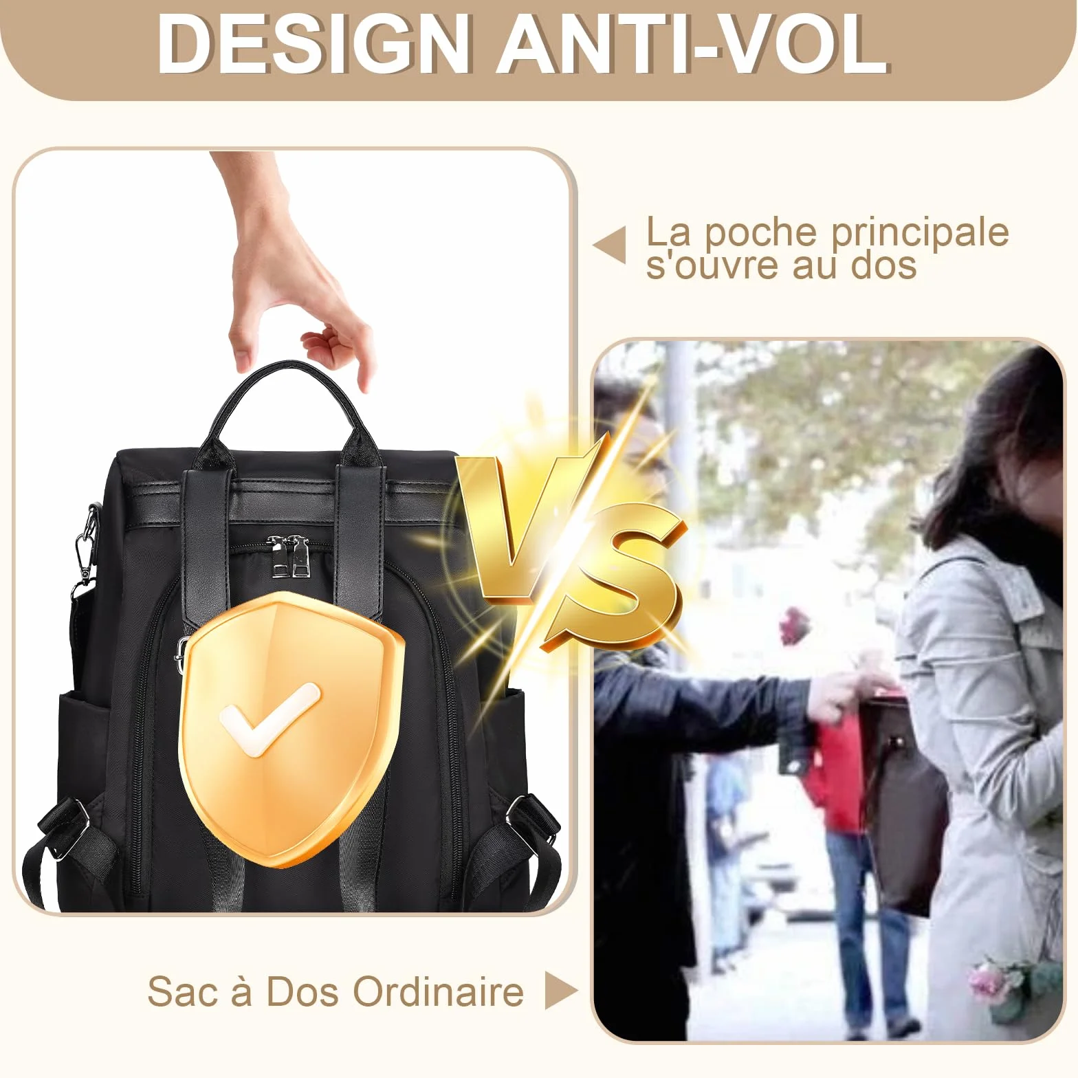 Eshow Sac à Dos Femme Antivol, Petit Sac Bandoulière Léger Voyage Noir