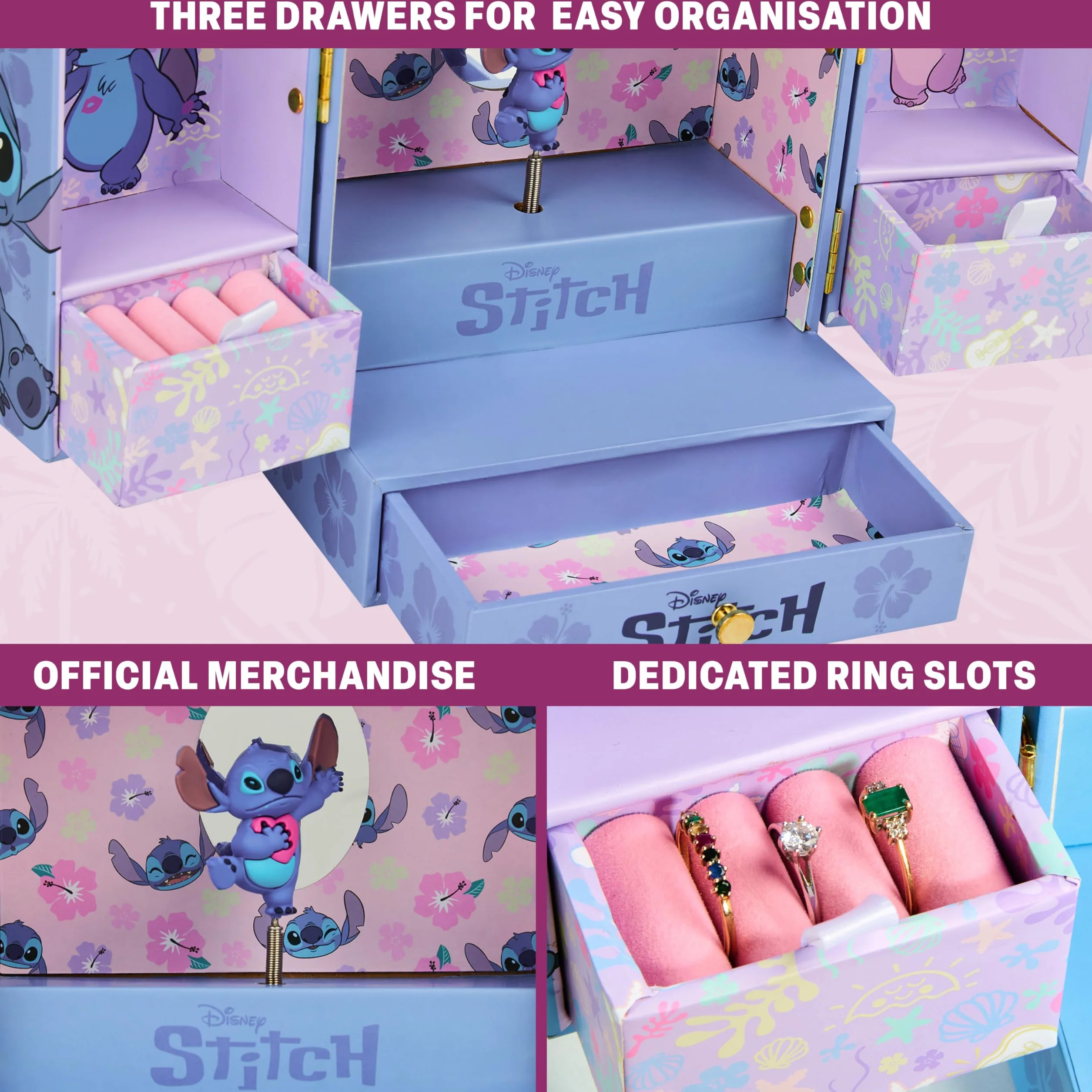 Disney Stitch Boîte à Bijoux Musicale Fille Coffret Cadeau avec Miroir Tiroirs Rangement Bleu