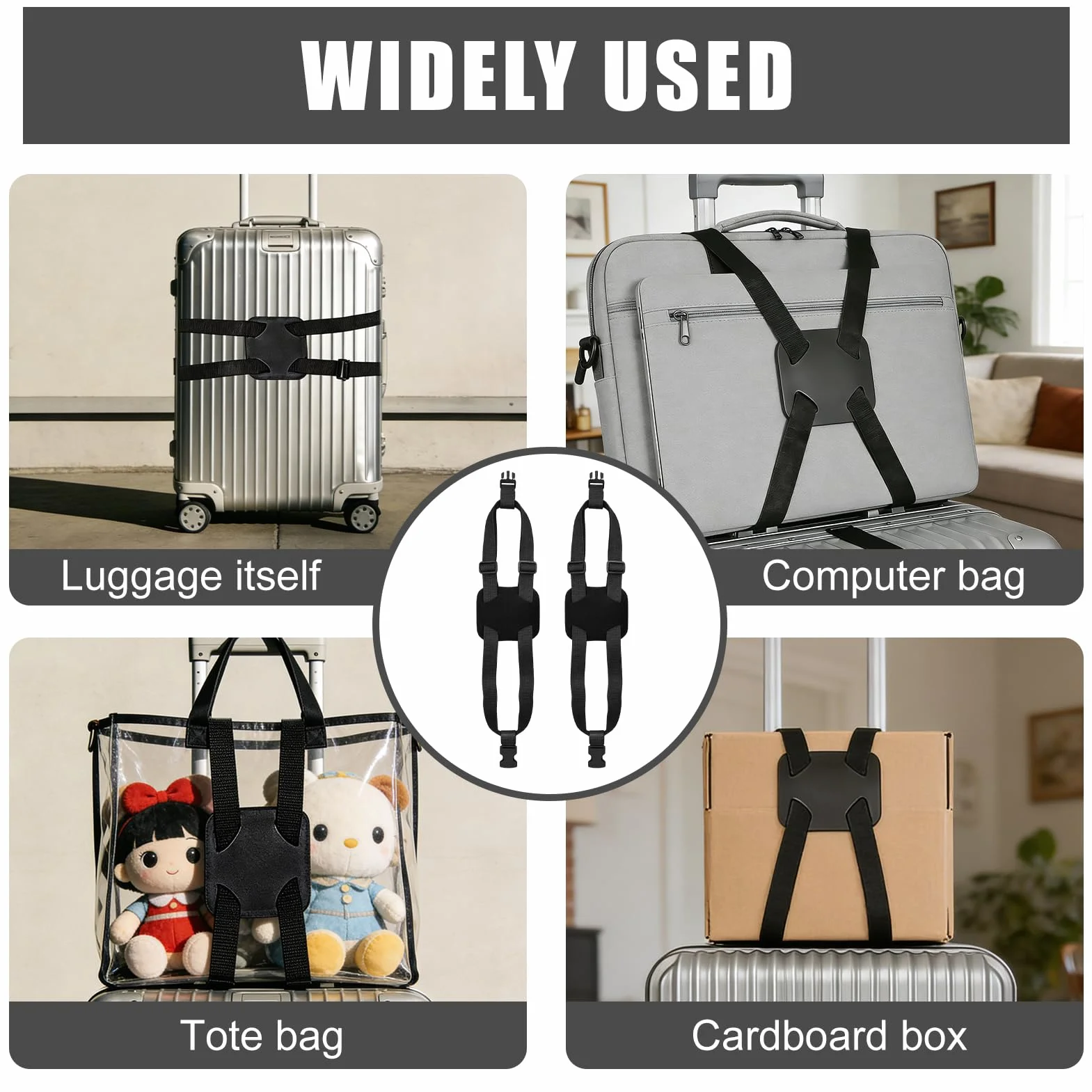 Sangle Bagage Réglable Élastique pour Valise en Cuir PU, Accessoire Voyage, Noir