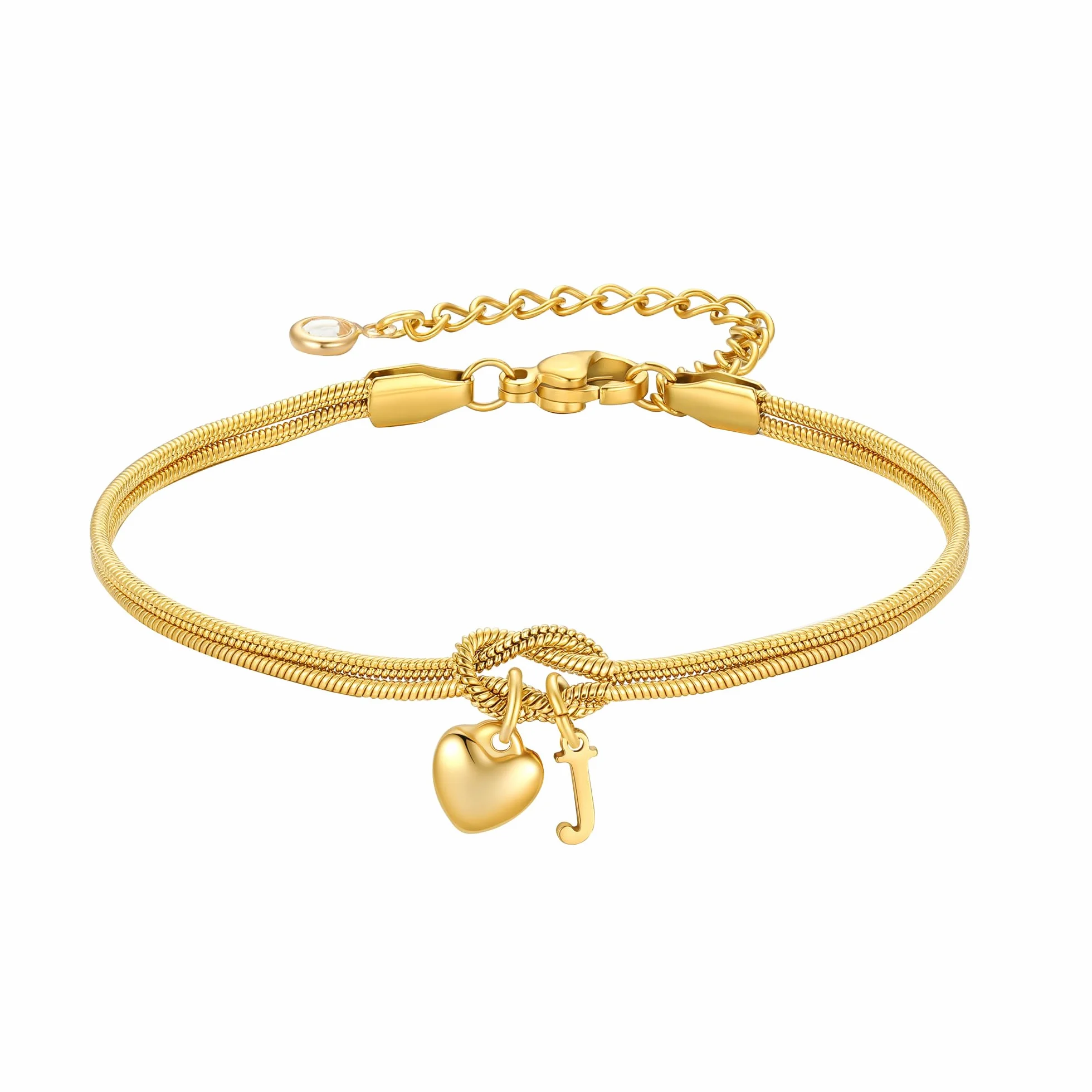 Bracelet en or pour femme et fille - Bracelet à nœuds plaqué or 18 carats lettres personnalisées cœur - Cadeau femme