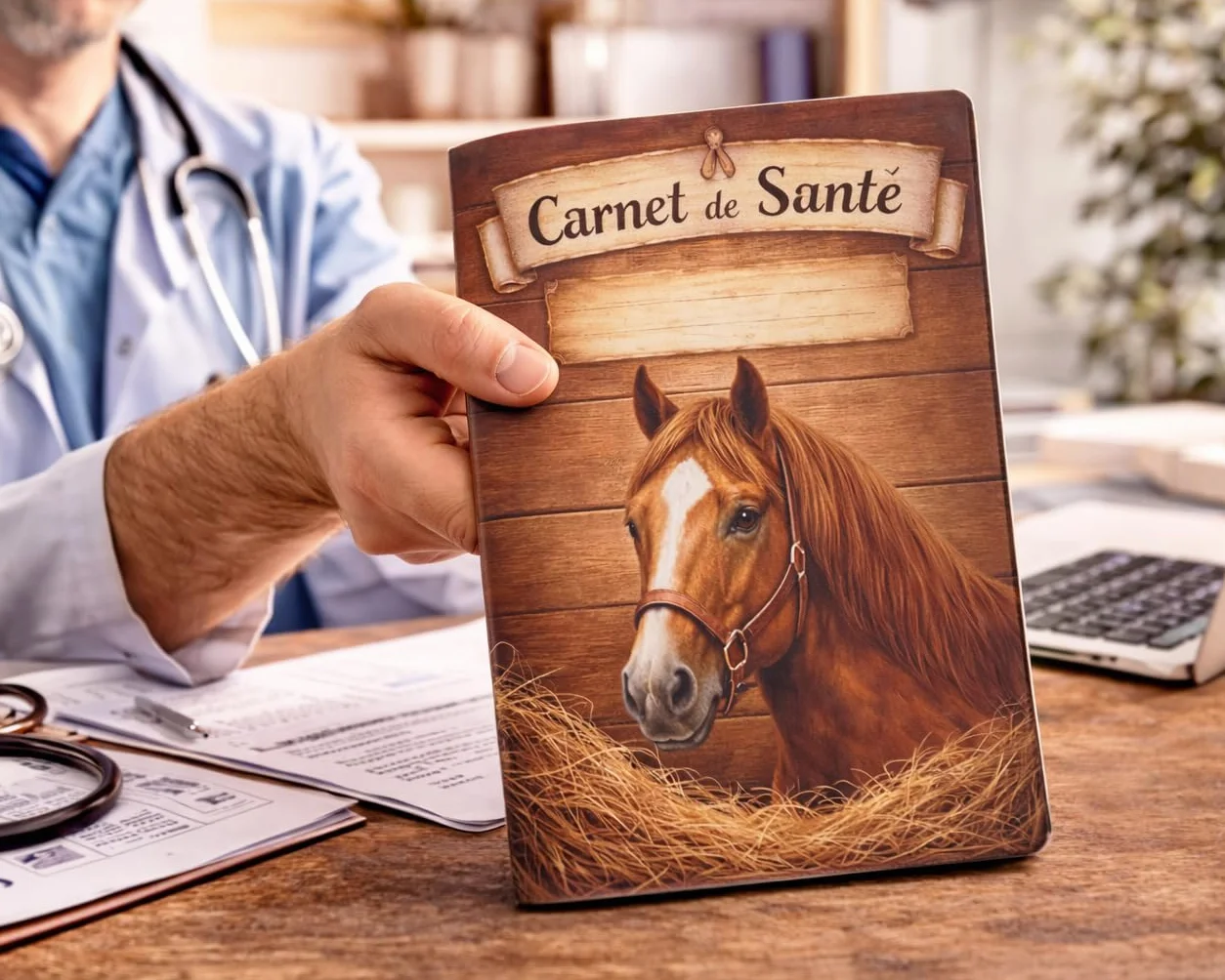 Protège Carnet de Santé Cheval en Gomme Expansée – Porte Passeport Cheval & Livret Signalétique – Fond Bois