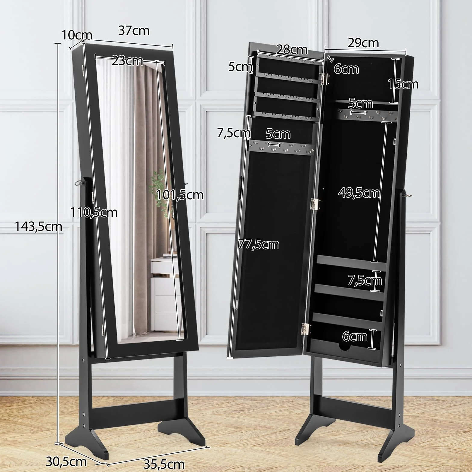GOPLUS Armoire à Bijoux sur Pied avec Miroir Inclinable, Grand Rangement, Noir