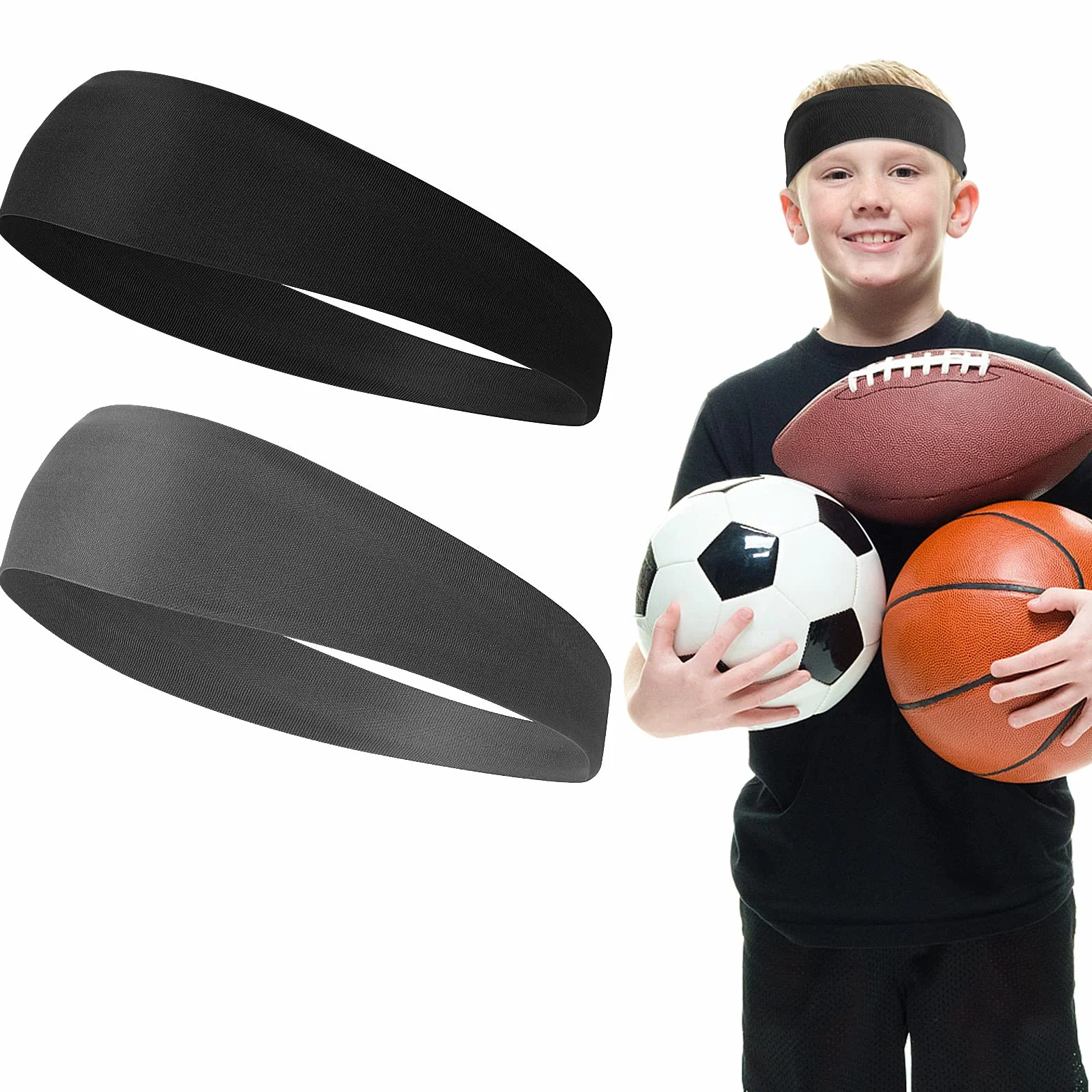 Bandeaux de Sport pour Enfants Bandeau Athlétique Doux Élastique Anti-Humidité Noir Gris foncé