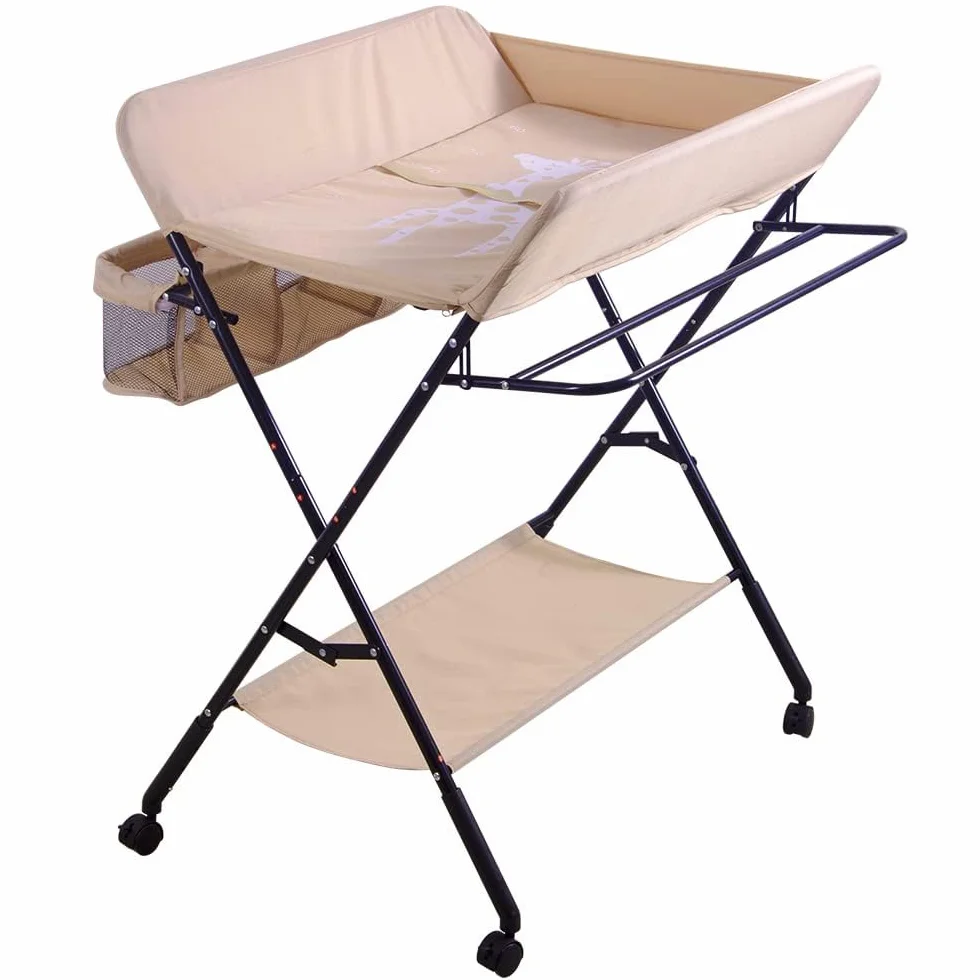 Table à Langer Pliable et Portable, Charge Max 25 kg, Réglable en Hauteur (Amande)