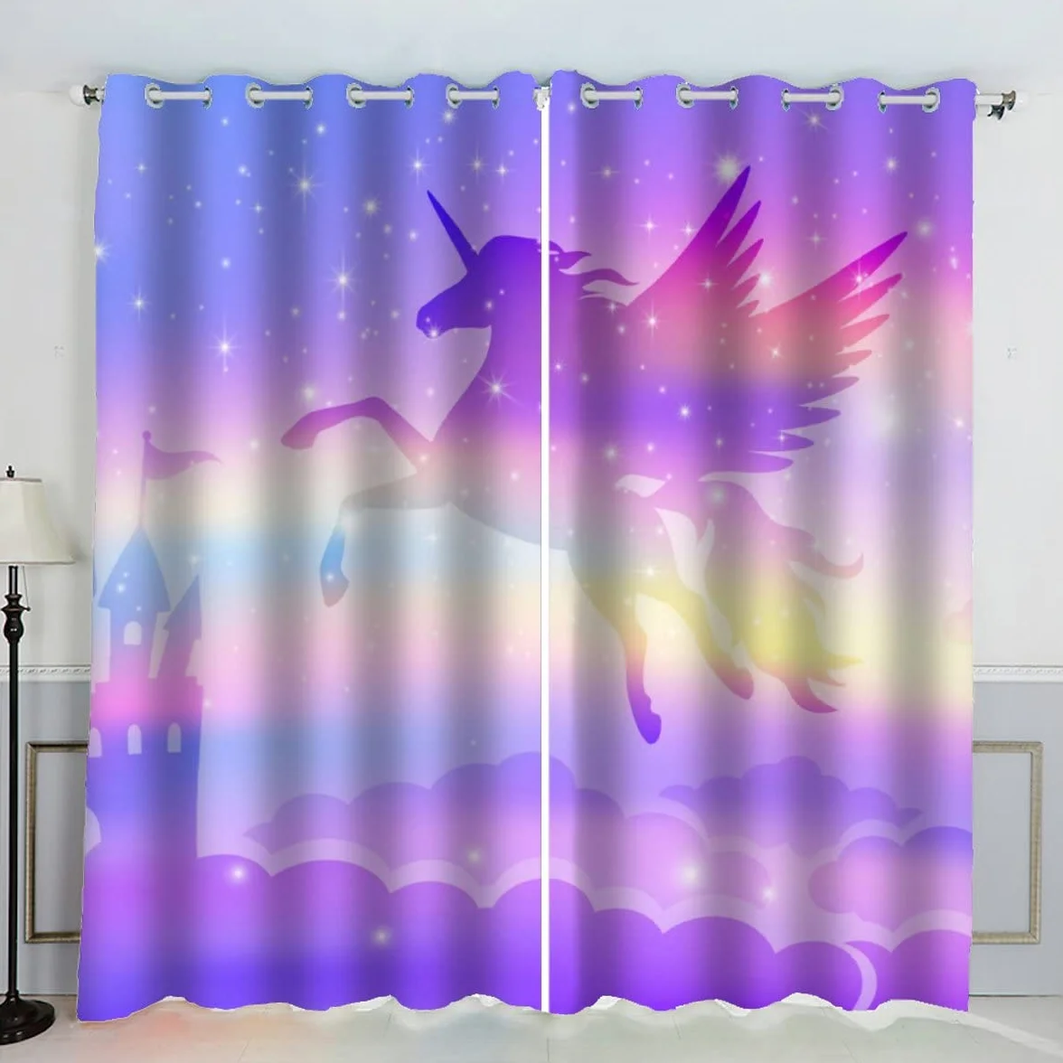 Cheval Arc-en-Ciel Rideau Occultant Lot de 2 3D Impression Violet Motif Rideaux Acoustiques Opaque 140x160 cm