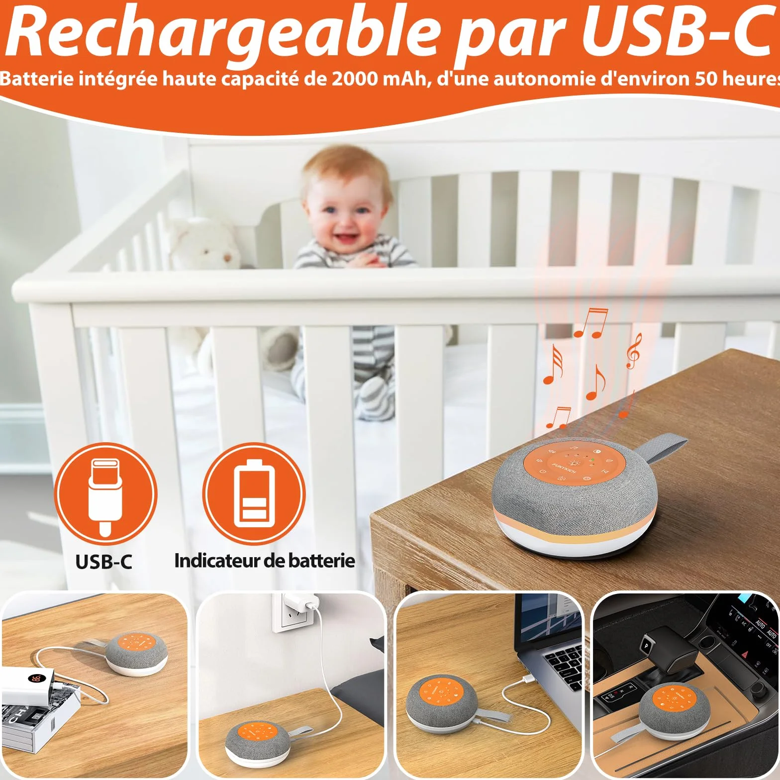 FUNYKICH Machine à Bruit Blanc Bébé 30 Sons Apaisants Veilleuse 7 Couleurs 4 Modes