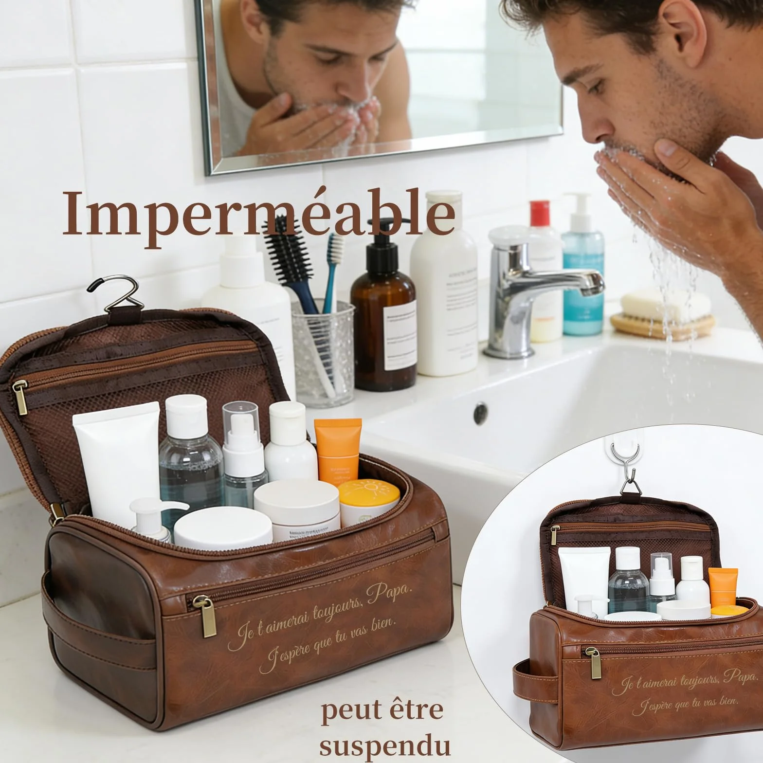 Trousse de Toilette Homme Personnalisée Gravée avec Nom ou Initiales, Cadeau Mariage Fête des Pères Saint-Valentin (Châtain foncé)