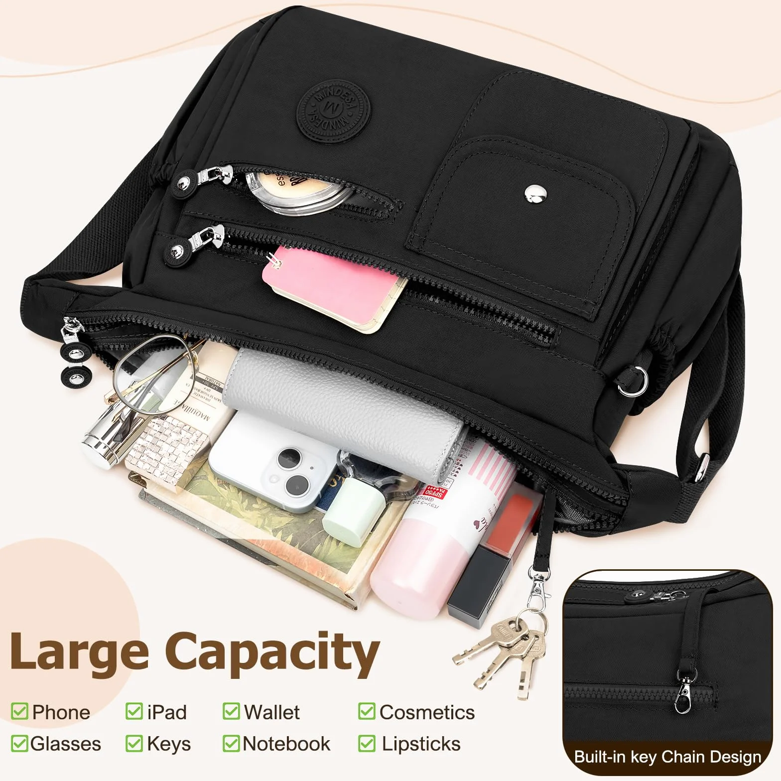Sac Bandoulière Femme Nylon Impermeable Sacoche Multipoches Messenger avec Bandoulière Réglable