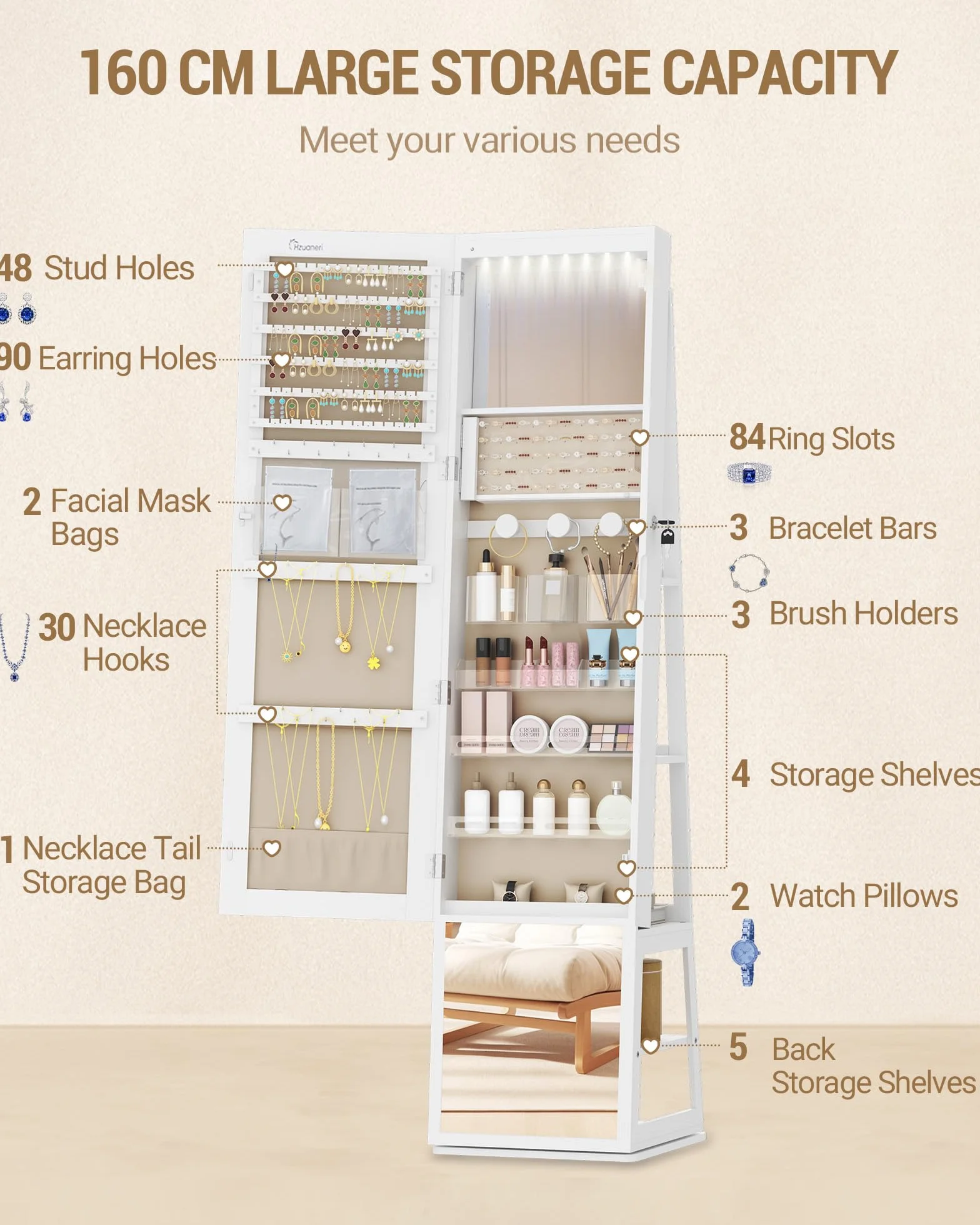 Armoire à bijoux 160cm avec LEDs, base rotative 360°, miroir verrouillable, Blanc et Beige