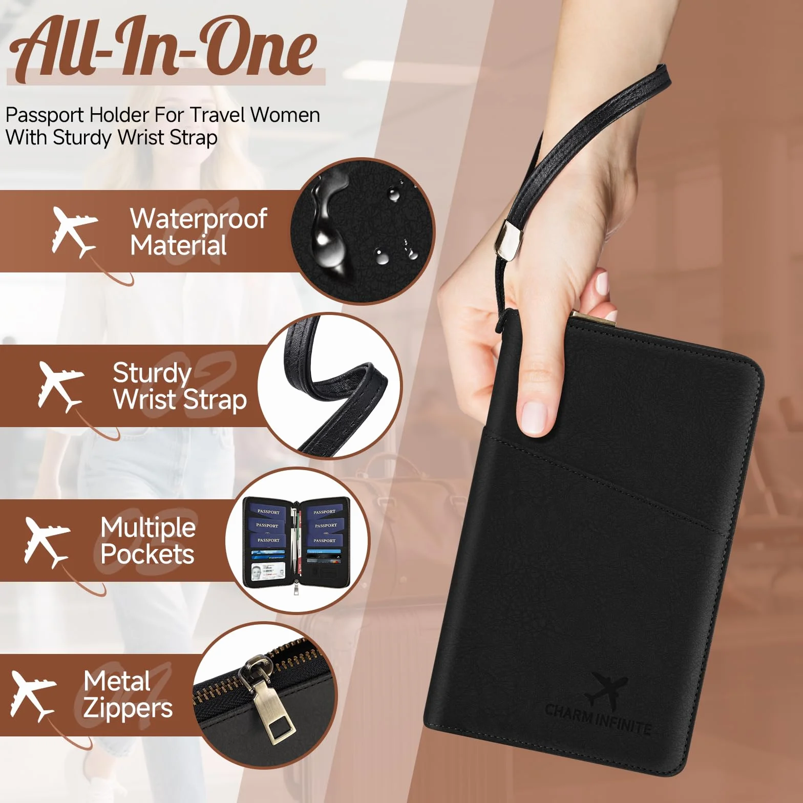 Likesing Porte-passeport familial cuir RFID fermeture éclair organiseur voyage dragonne Noir