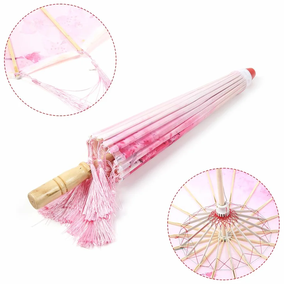 Parapluie à Pompon en Soie, Parasol en Soie de Bambou Chinois avec Glands, Parapluie de Danse Classique Imperméable pour Mariage (Rose)