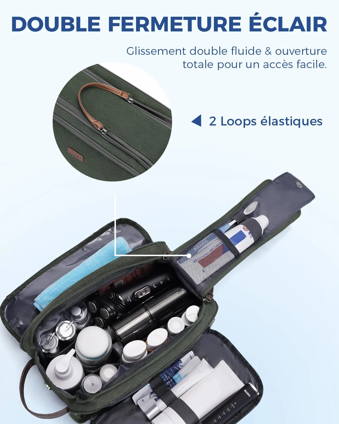 WANDF Trousse de Toilette Voyage Imperméable pour Hommes et Femmes, Sac de Rangement avec Poignée, Vert