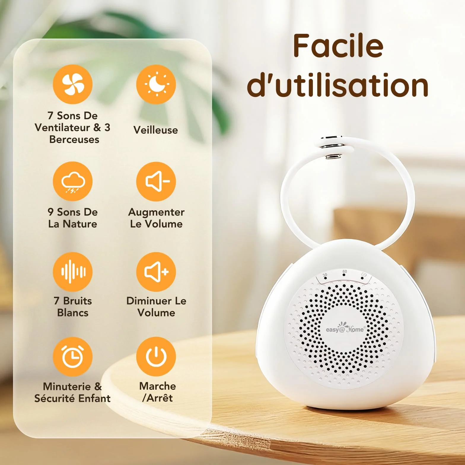 Easy@Home Machine à bruit blanc portable 30 sons relaxants minuterie automatique lumière de nuit