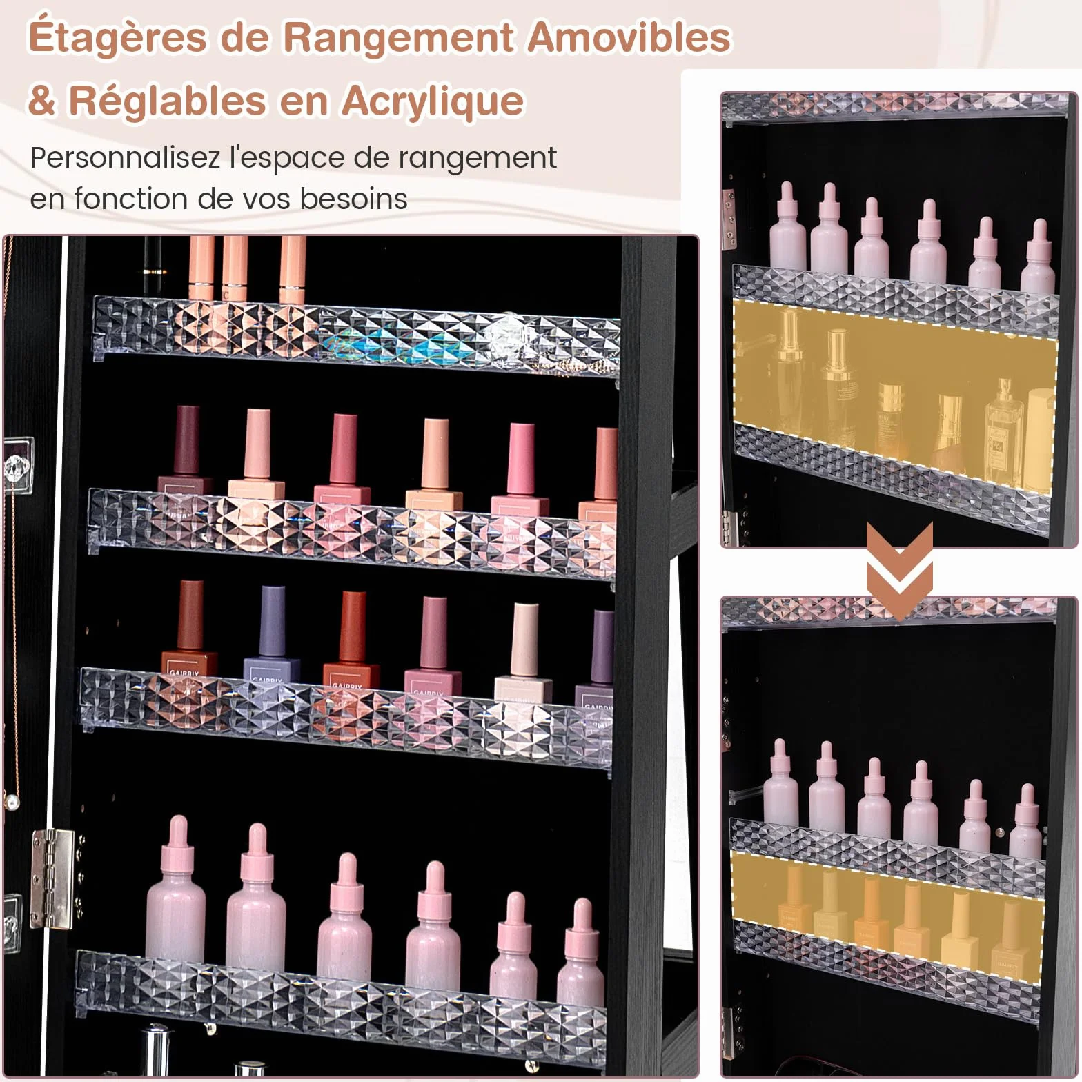 COSTWAY 3 en 1 Armoire à Bijoux sur Roulettes avec Miroir Psyché et Lumières LED, Verrouillable, Noir