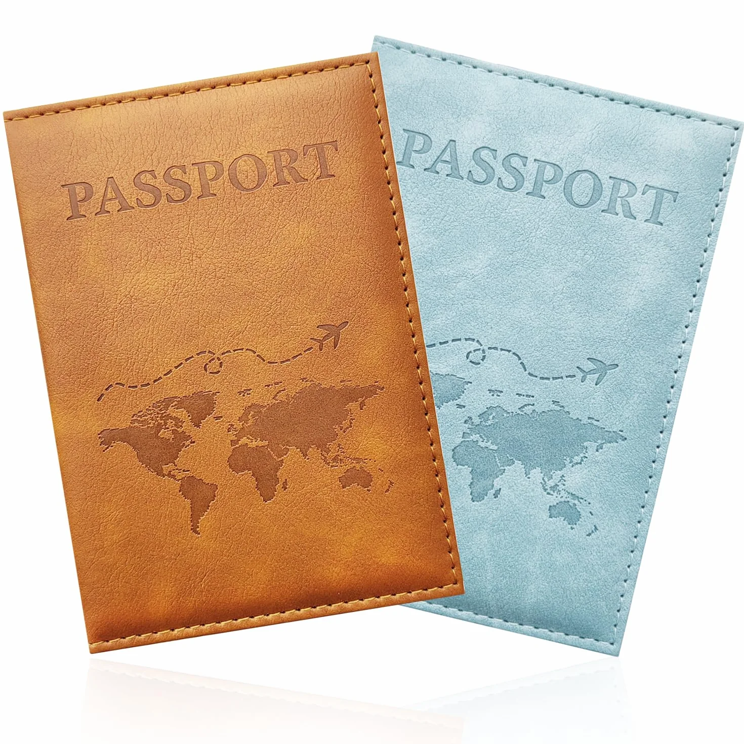 Porte-passeports en cuir PU lot de 2, portefeuille de voyage pour passeport, cartes, marron et bleu clair