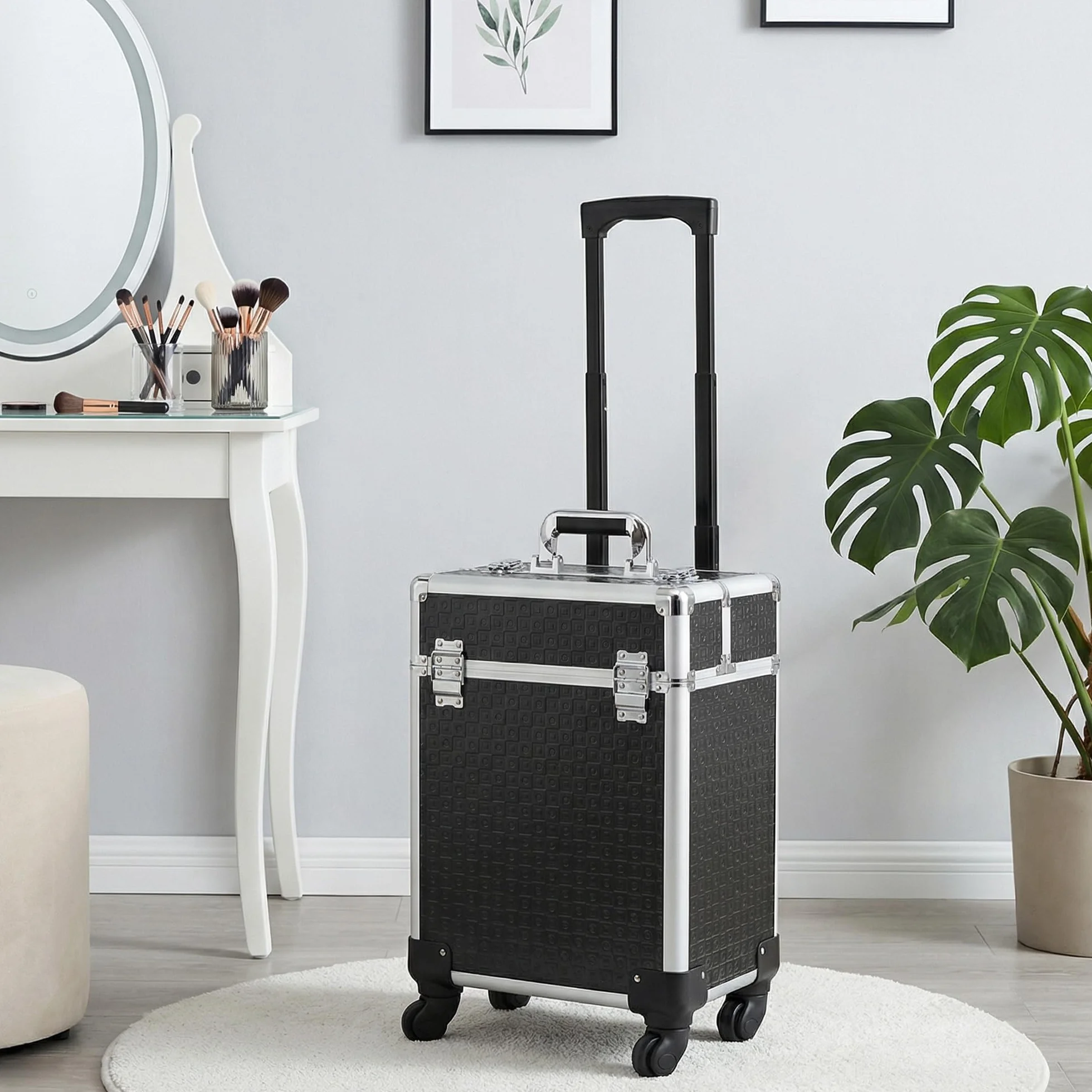 HOMCOM Valise Trolley Maquillage Mallette cosmétique Vanité 34x24x52 cm Aluminium Noir