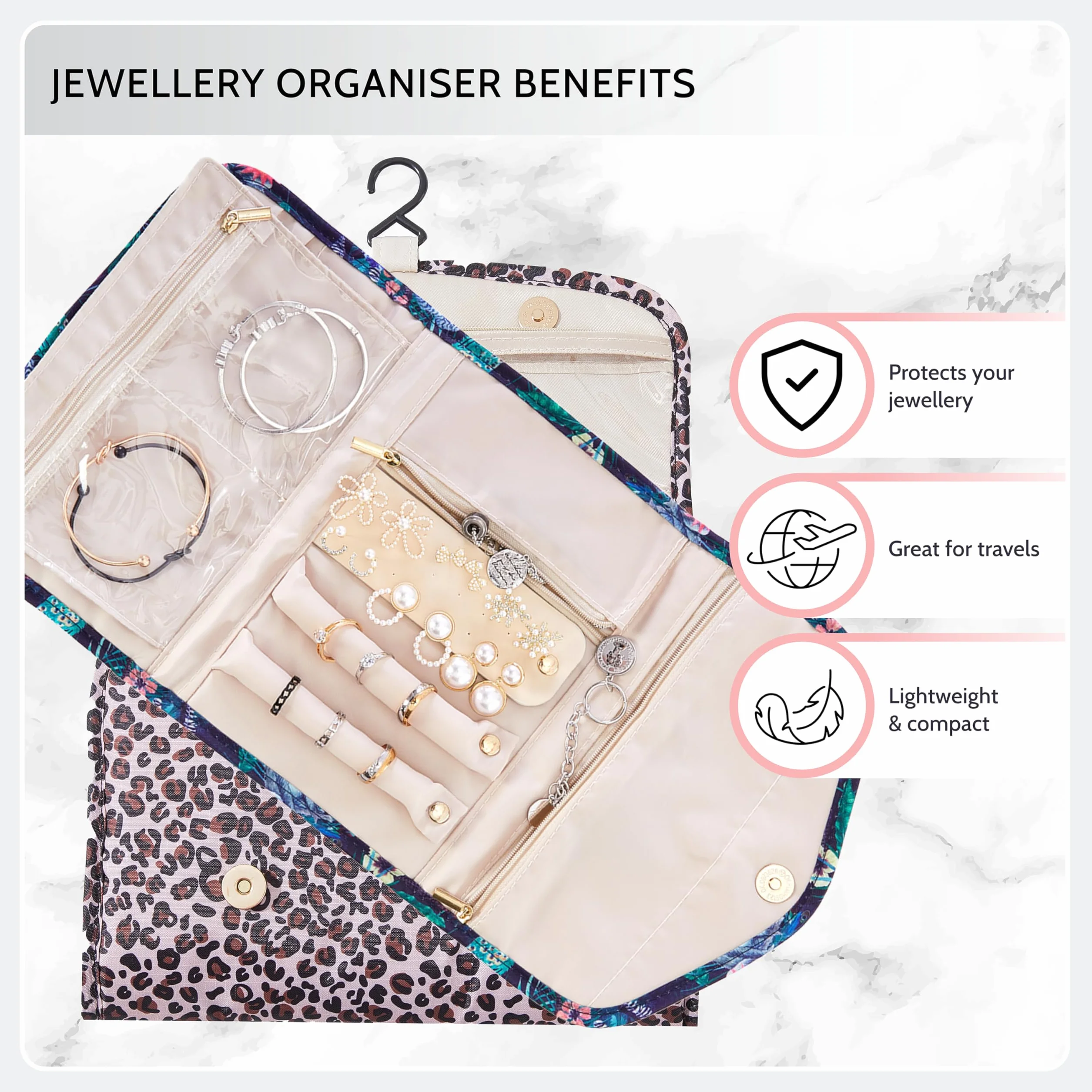 Periea Cleo Organisateur de Bijoux en Rouleau de Voyage – Pochette Protecteur pour Boucles d'Oreilles, Collier et Bagues (Toucan, Moyen)