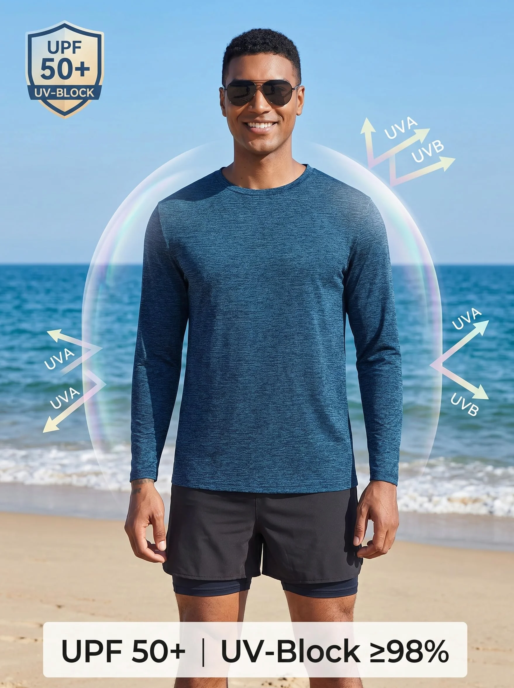 PINSPARK T-Shirt Sport Manches Longues Homme Protection Solaire UPF 50+ Séchage Rapide Col Rond Course à Pied Fitness Randonnée