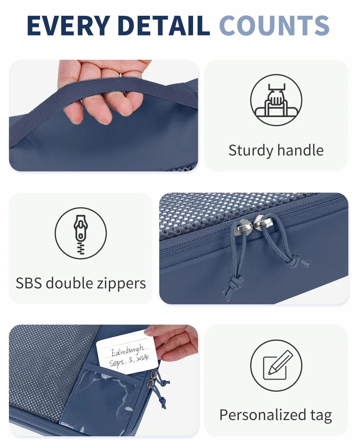 ECOHUB Organisateur Valise Packing Cubes 6 Pièces Sac Rangement avec Étiquette DIY, Bleu