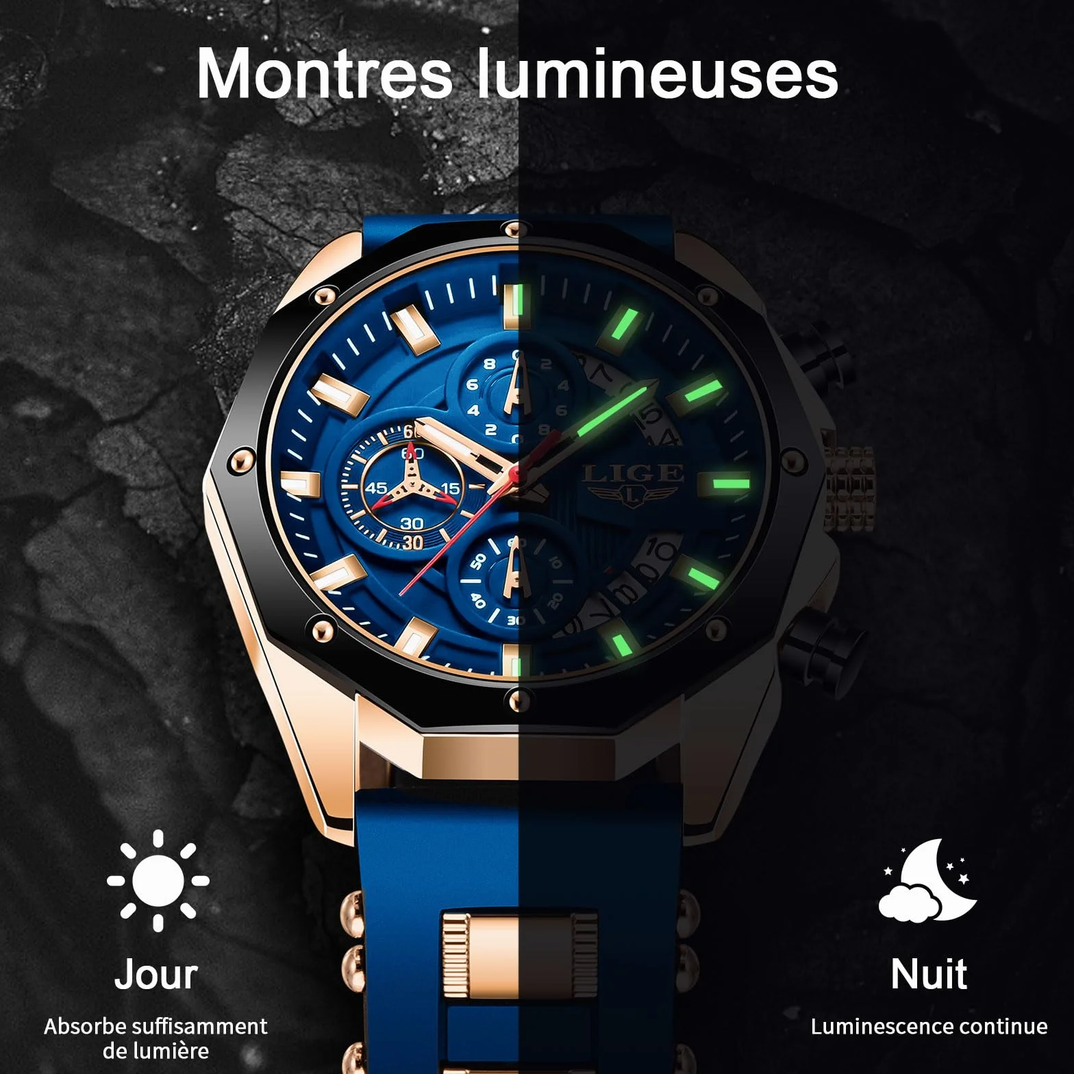 LIGE Montre Homme Chronographe Quartz Analogique 3ATM Etanche Bracelet Silicone Lumineux Date