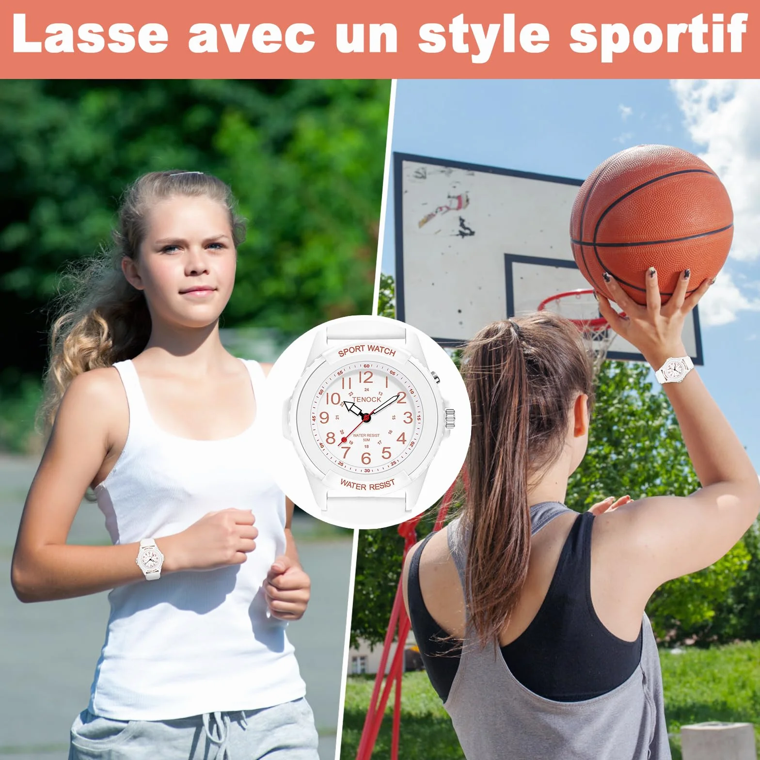 Montre de Sport Femmes Hommes Analogique Quartz Étanche 50M Veilleuse