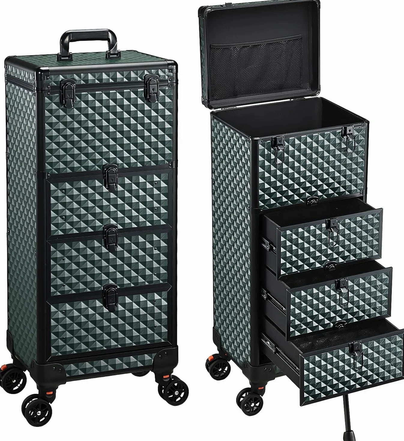 Valise de Maquillage à Roulettes Professionnelle 3 Tiroirs Verrouillage Vert