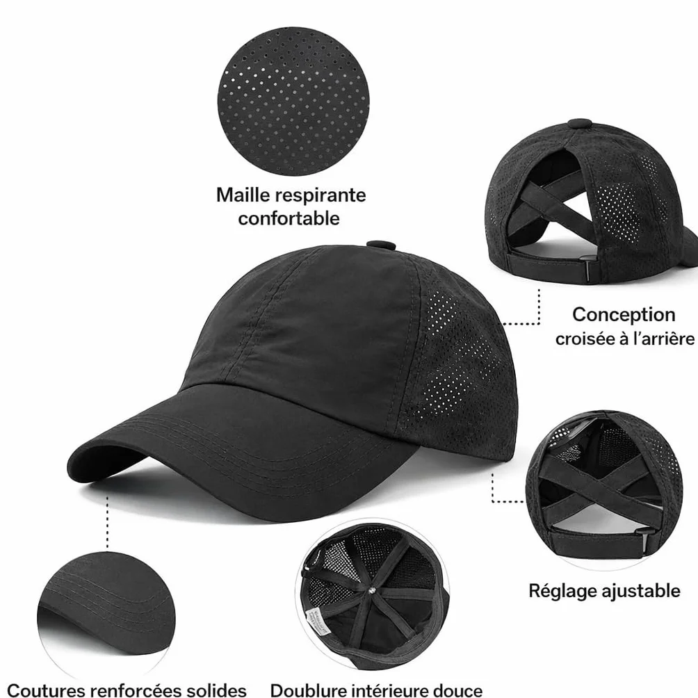 Casquette de Course Femme Noire Maille Séchage Rapide Réglable Sport Légère