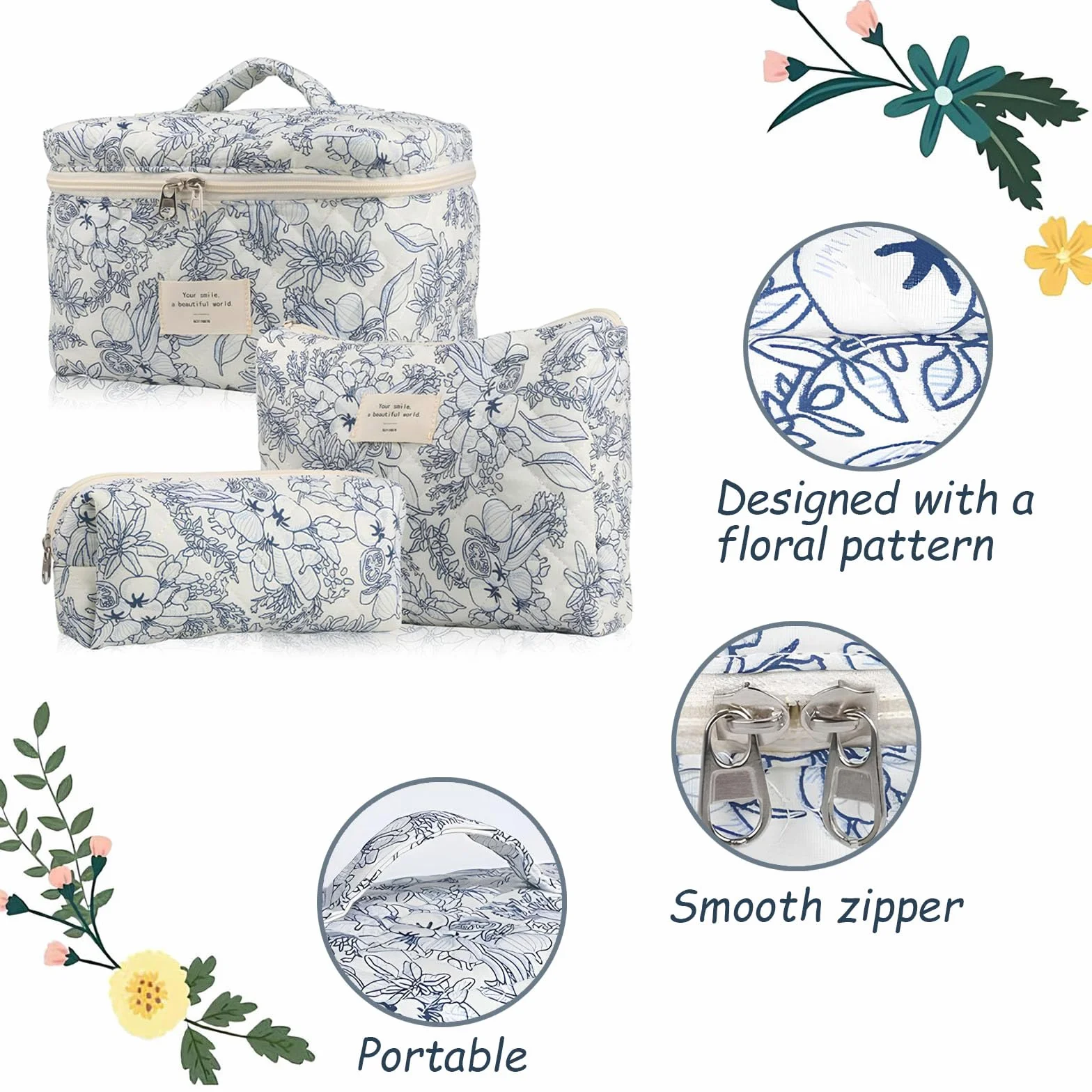 Trousse Maquillage Matelassée Grande Capacité Voyage Motif Floral pour Femme