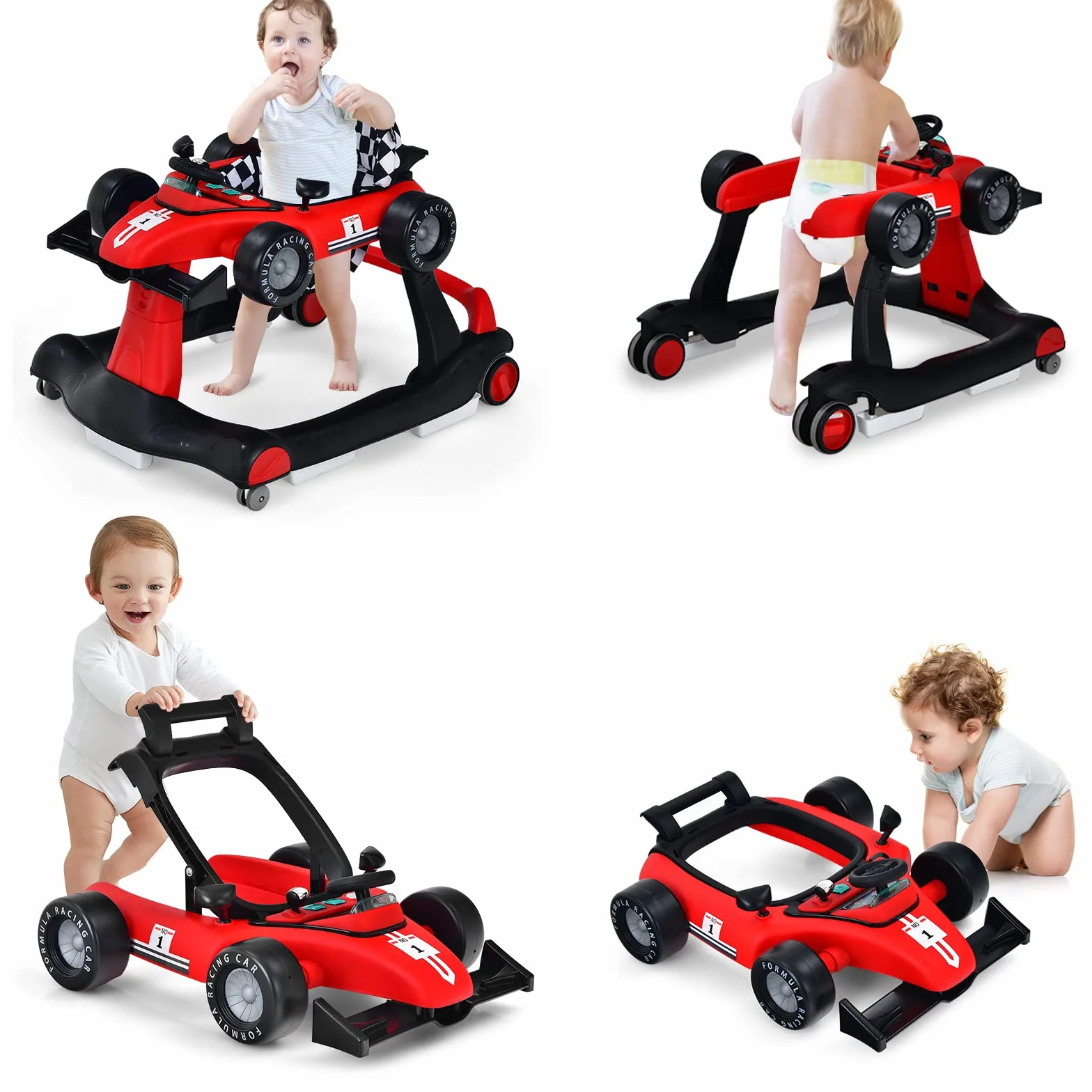 LIFEZEAL Trotteur Bébé 4 en 1 Pliable avec 3 Hauteurs Réglables, Marcheur Musical, 6-18 Mois, 15 kg, Rouge