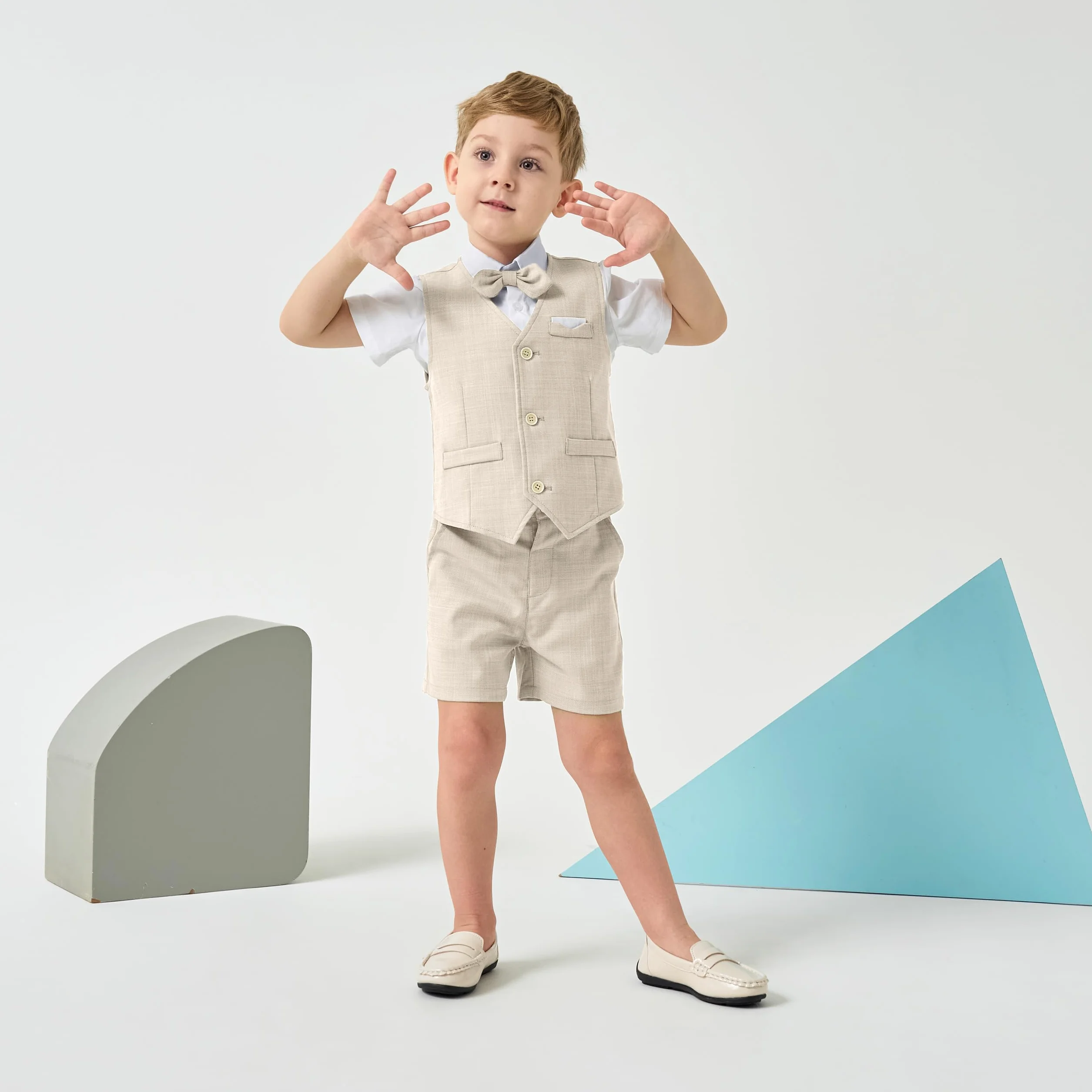 Volunboy Bébé Garçon Ensemble Costume Mariage d'été 4 Pièces Manches Courtes Gilet Chemise