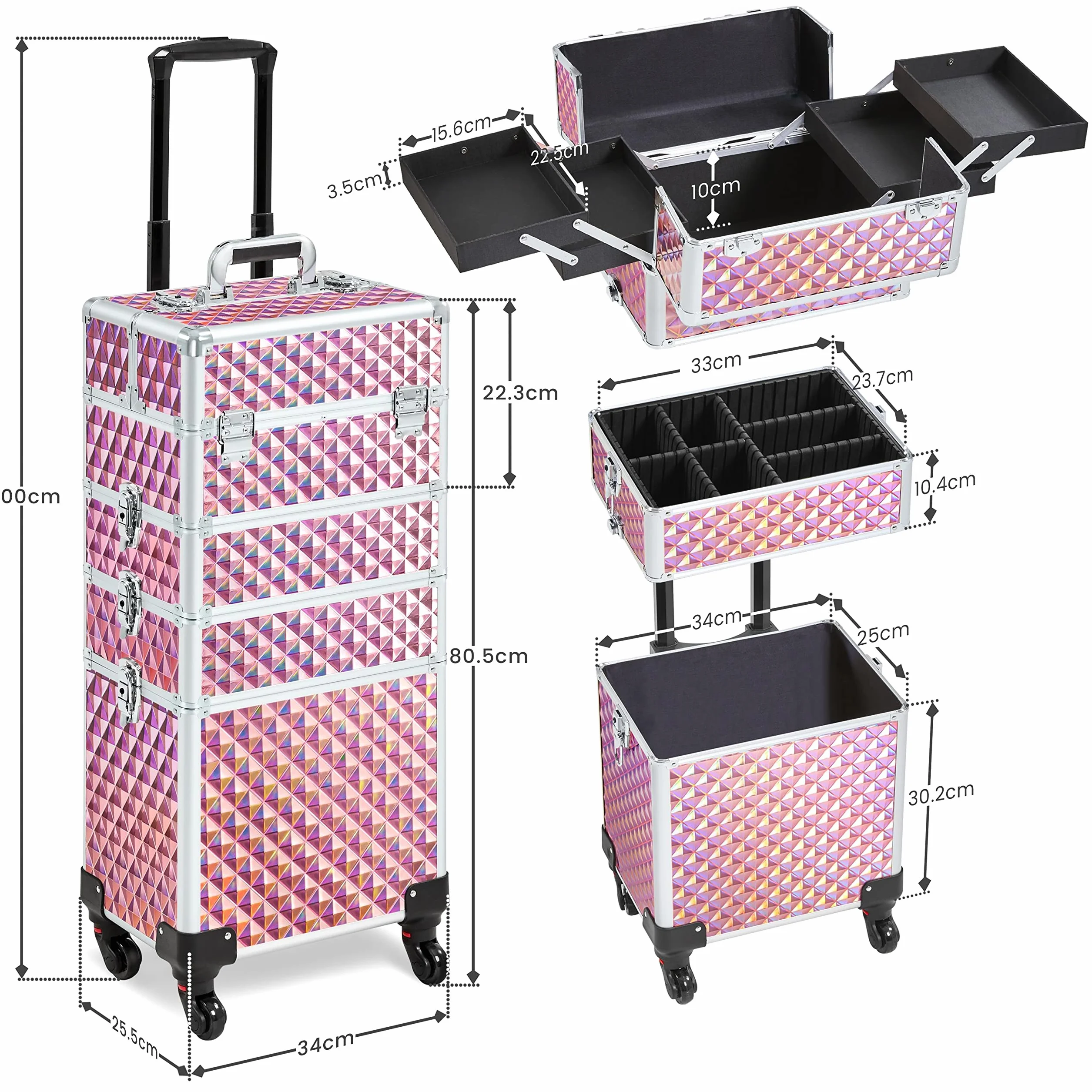 Abician Grande Valise de Maquillage 4 en 1 Mallette Professionnelle Beauty Case Voyage 34×25,5×80,2 cm Rose Pailleté