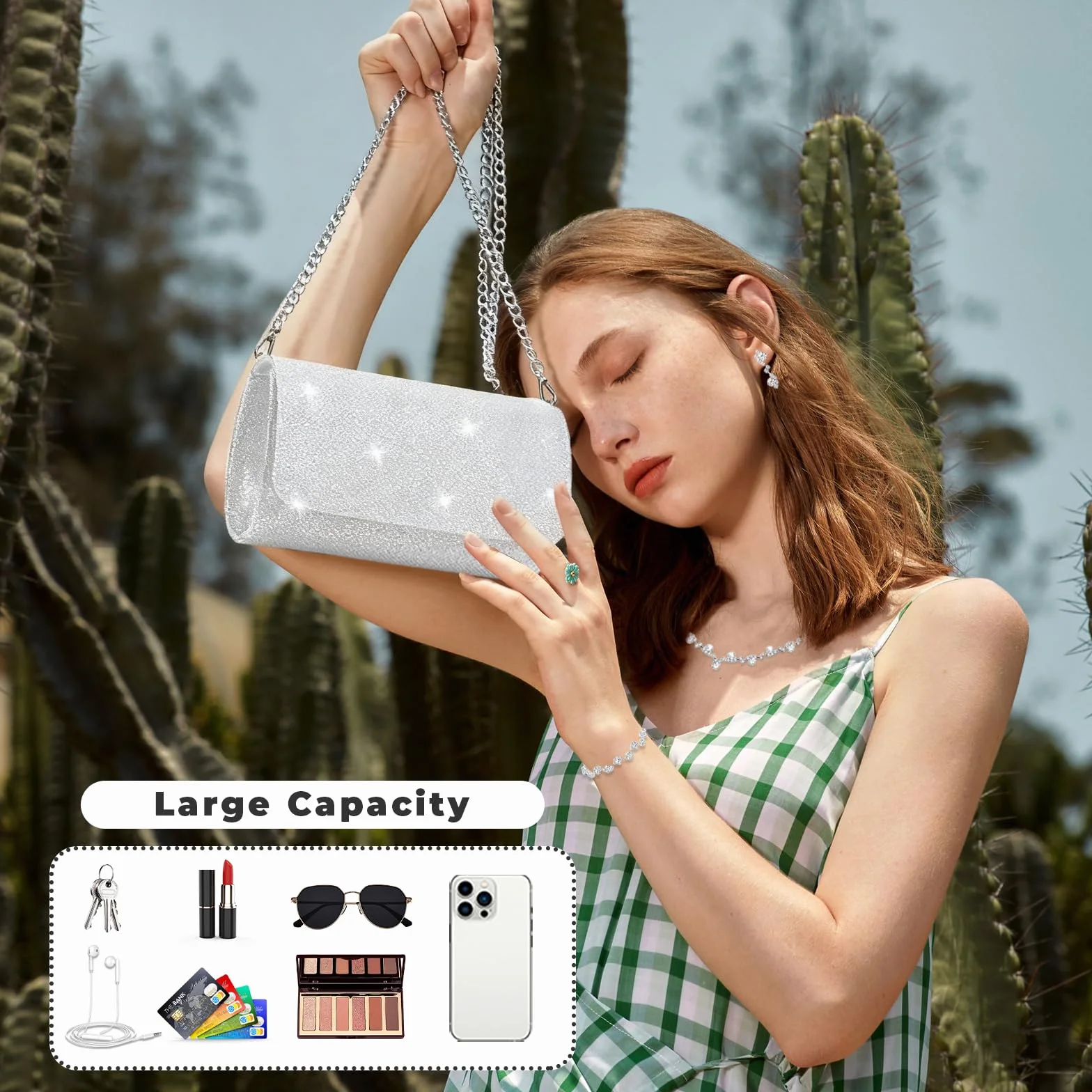 Sac à Main Argenté avec Collier Bracelet Boucles d'Oreilles Pochette Mariage Soirée