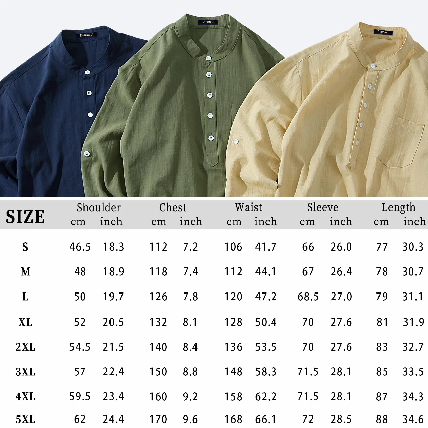 Enlision Chemises Hommes Lin Henley Manches Longues Mao Chemise Plage