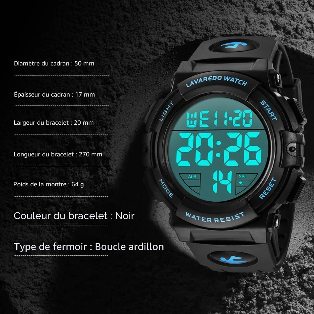 BEN NEVIS Montre Numérique Homme 5ATM Chronographe Étanche Sport Extérieur LED Alarme Date