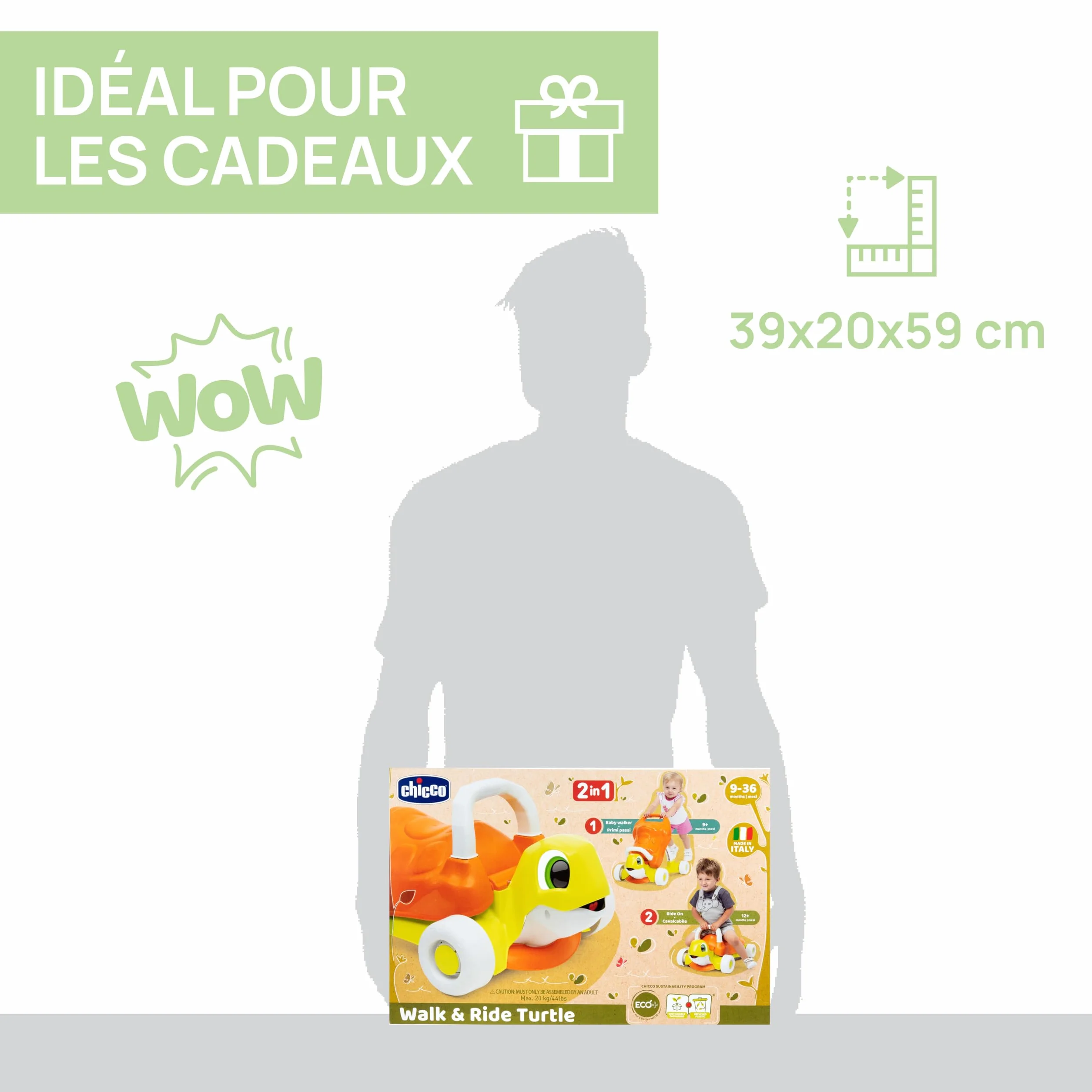 Chicco Tortue Aide à la Marche 2en1 Eco + Trotteur Porteur Plastique Recyclé Fabriqué Italie 9-36 Mois