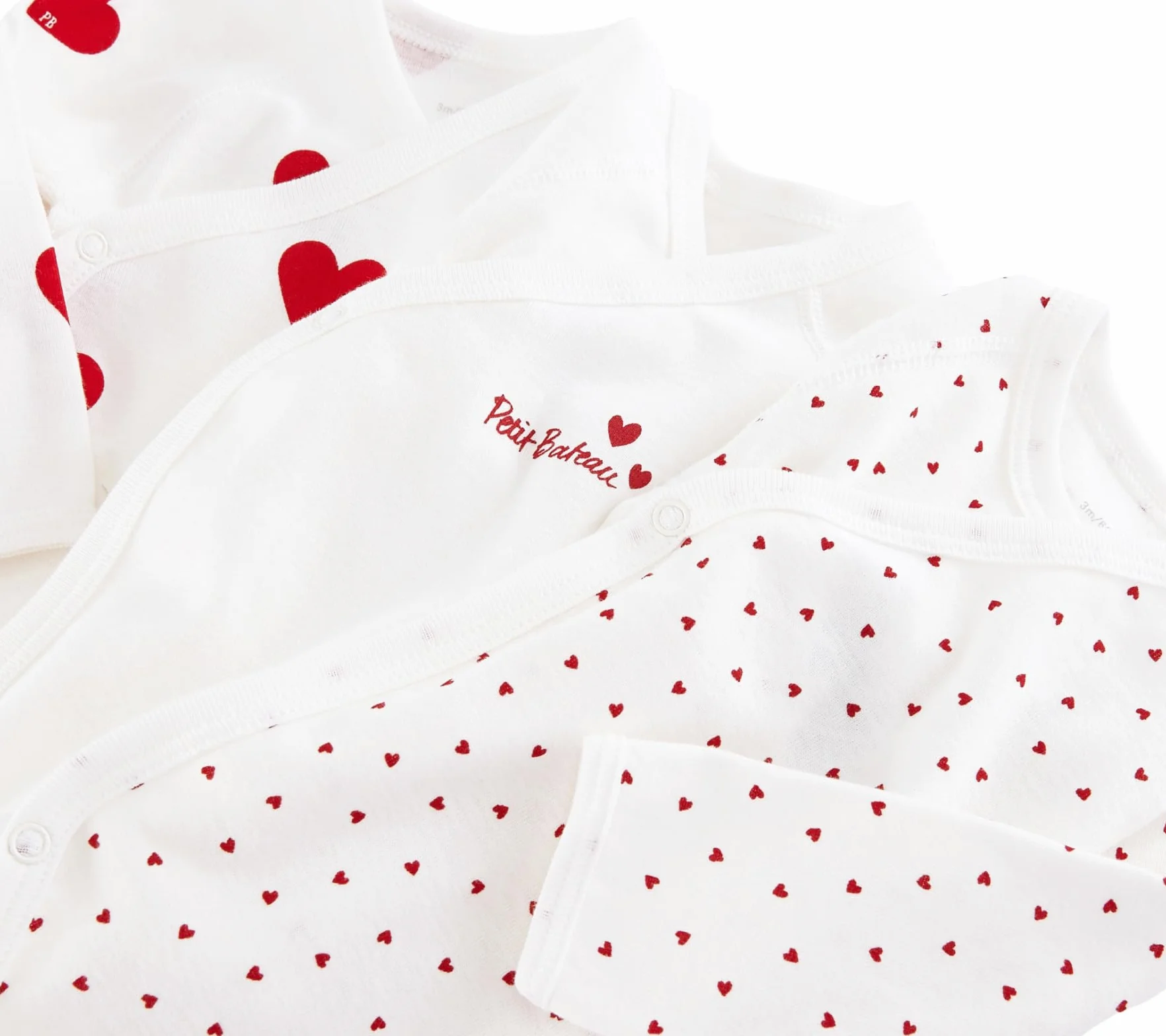 Petit Bateau Lot de 3 Bodies Croisés Cœur Rouge Manches Longues Bébé Coton Biologique